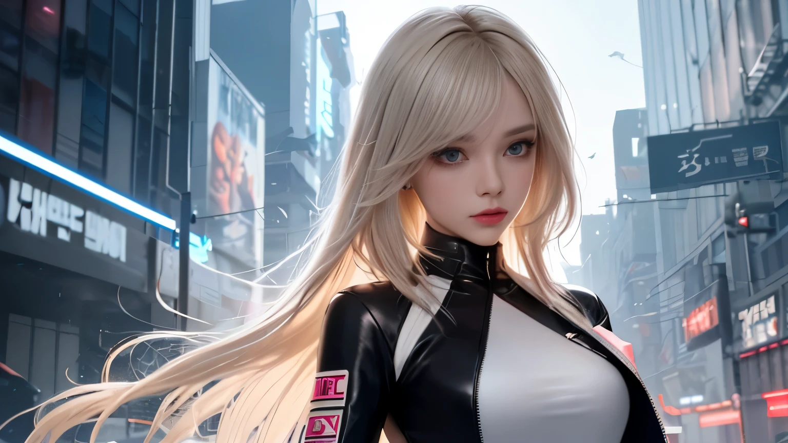 optimal，master piece，High resolution，best quality，hyper hd，super detail，Award-winning，16k，solo，（Upper body），correct anatomy，beautiful cyberpunk girl，cute face，，gradation beige hair，hair line，（（scarlet eyes）），long eyelashes，drooping corners of the eyes，white skin，（small ），（Because I&#39;m slender），（（Women&#39;s Super Short Shawl Leather Jacket）），（（racing_suit）），（（height_skirt）），ear studs，（neck ring），（laser material clothing：1.2）