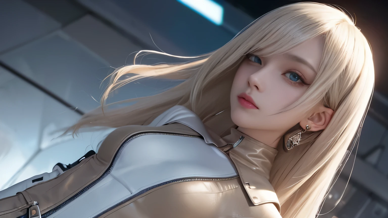 optimal,master piece,High resolution,best quality,hyper hd,super detail,Award-winning,16k,solo,(Upper body),correct anatomy,beautiful cyberpunk girl,cute face,,gradation beige hair,hair line,((scarlet eyes)),long eyelashes,drooping corners of the eyes,white skin,(small ),(Because I'm slender),((Women's Super Short Shawl Leather Jacket)),((racing_suit)),((height_skirt)),ear studs,(neck ring),(laser material clothing:1.2)
