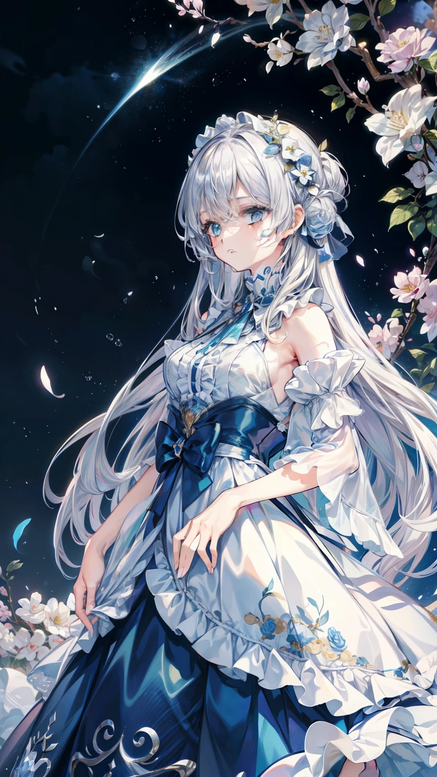 official art, ヨーロッパのmasterpiece女性,, light silver hair , deep blue eyeasterpiece、highest quality、High resolution: 1.4),In 8K, anime art nouveau, Highly detailed exquisite fan art, anime fantasy illustration, clean detailed anime art, detailed anime art, sharp focus of a person, delicate Beautiful Hair and Eyes and Face, realistic, super detailed, flower garden,((delicate, delicateで可愛い手)),((elegant shiny dress)),((lots of races)),((lots of frills)),((lots of ribbons))