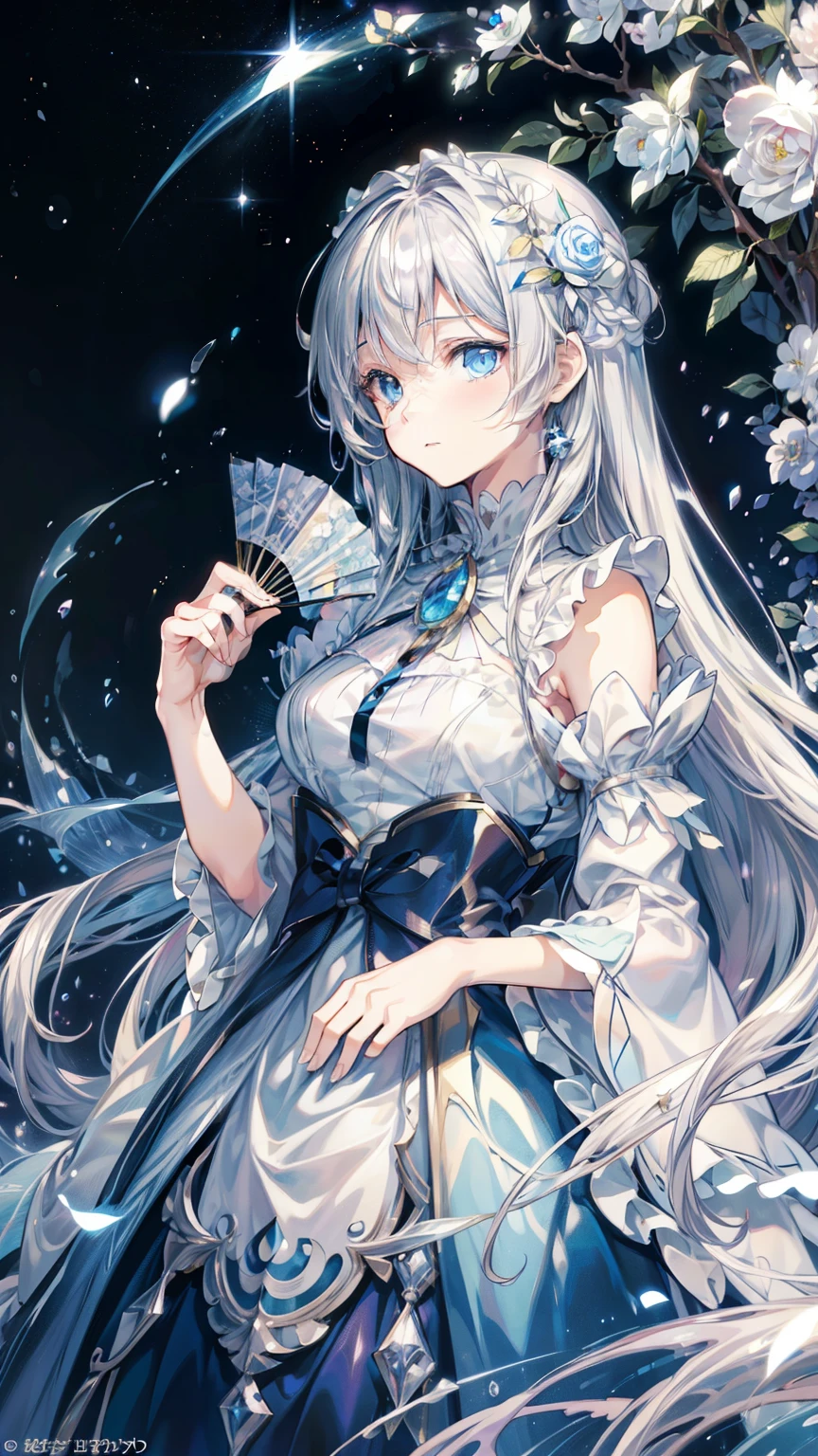 official art, ヨーロッパのmasterpiece女性,, light silver hair , deep blue eyeasterpiece、highest quality、High resolution: 1.4),In 8K, anime art nouveau, Highly detailed exquisite fan art, anime fantasy illustration, clean detailed anime art, detailed anime art, sharp focus of a person, delicate Beautiful Hair and Eyes and Face, realistic, super detailed, flower garden,((delicate, delicateで可愛い手)),((elegant shiny dress)),((lots of races)),((lots of frills)),((lots of ribbons))