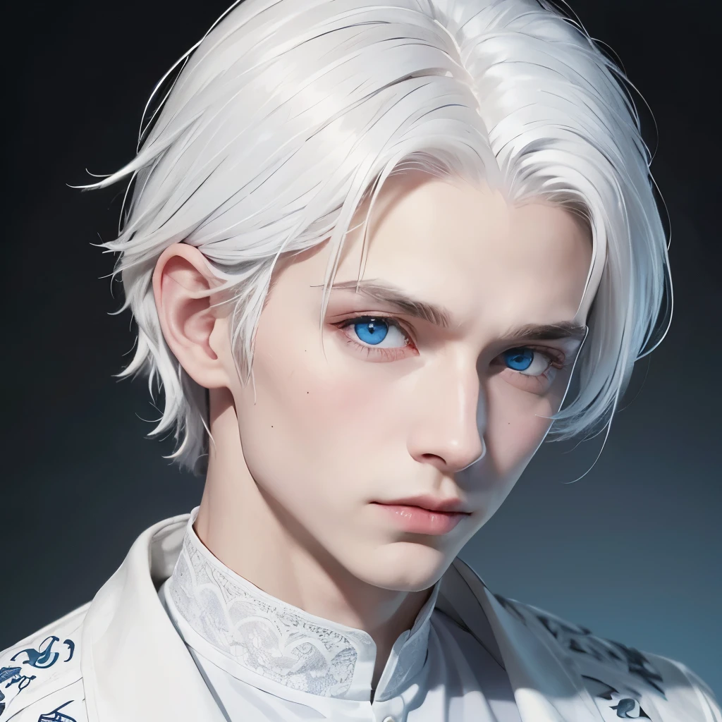 Boy, white hair, blue eyes, sharp, serious features, white skin.