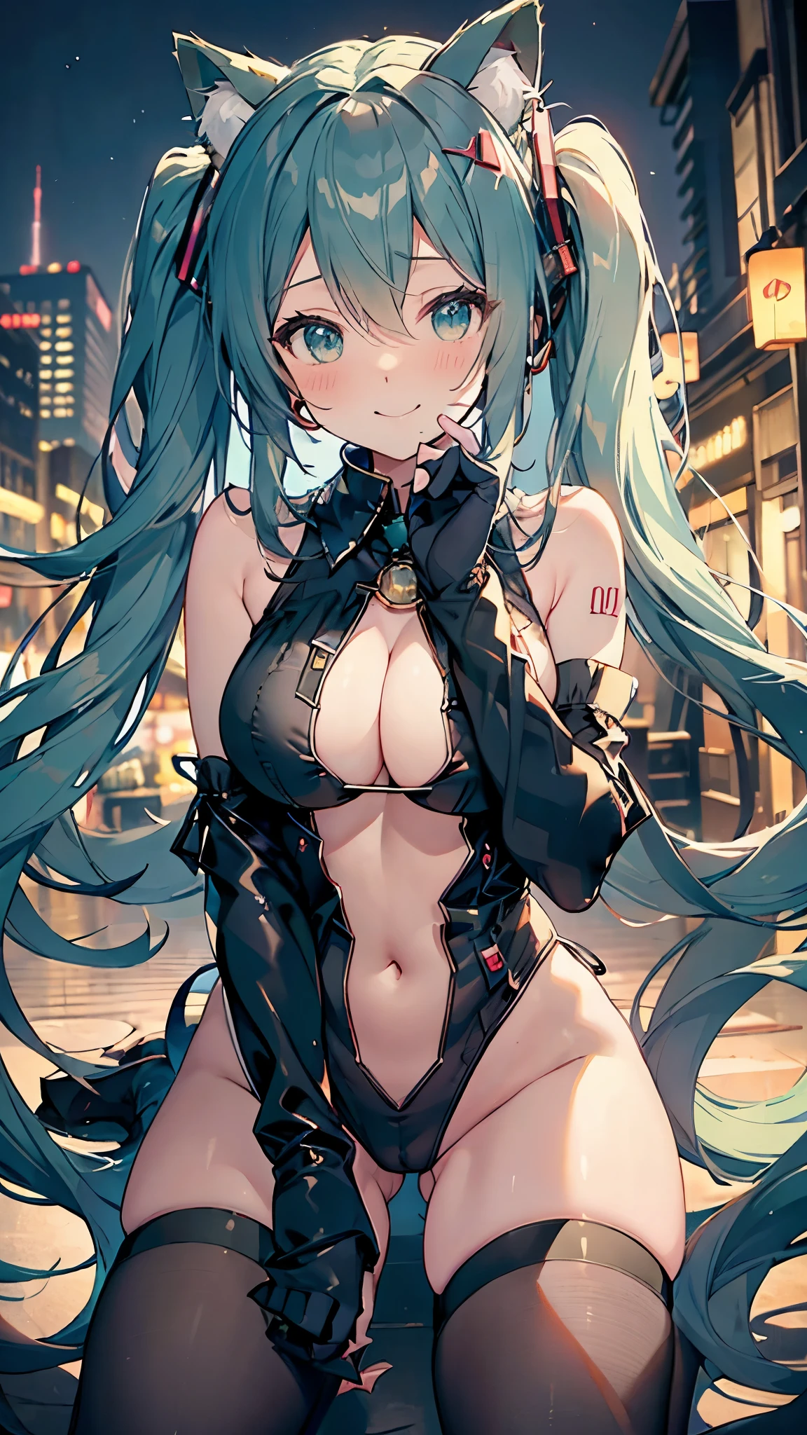 masterpiece, High-definition ,Hatsune Miku,Fantastic fluffy cute cat costume,shy smile,blushing,middle tits,lewd pose,sexy glamorous body,futuristic midnight downtown city landscape