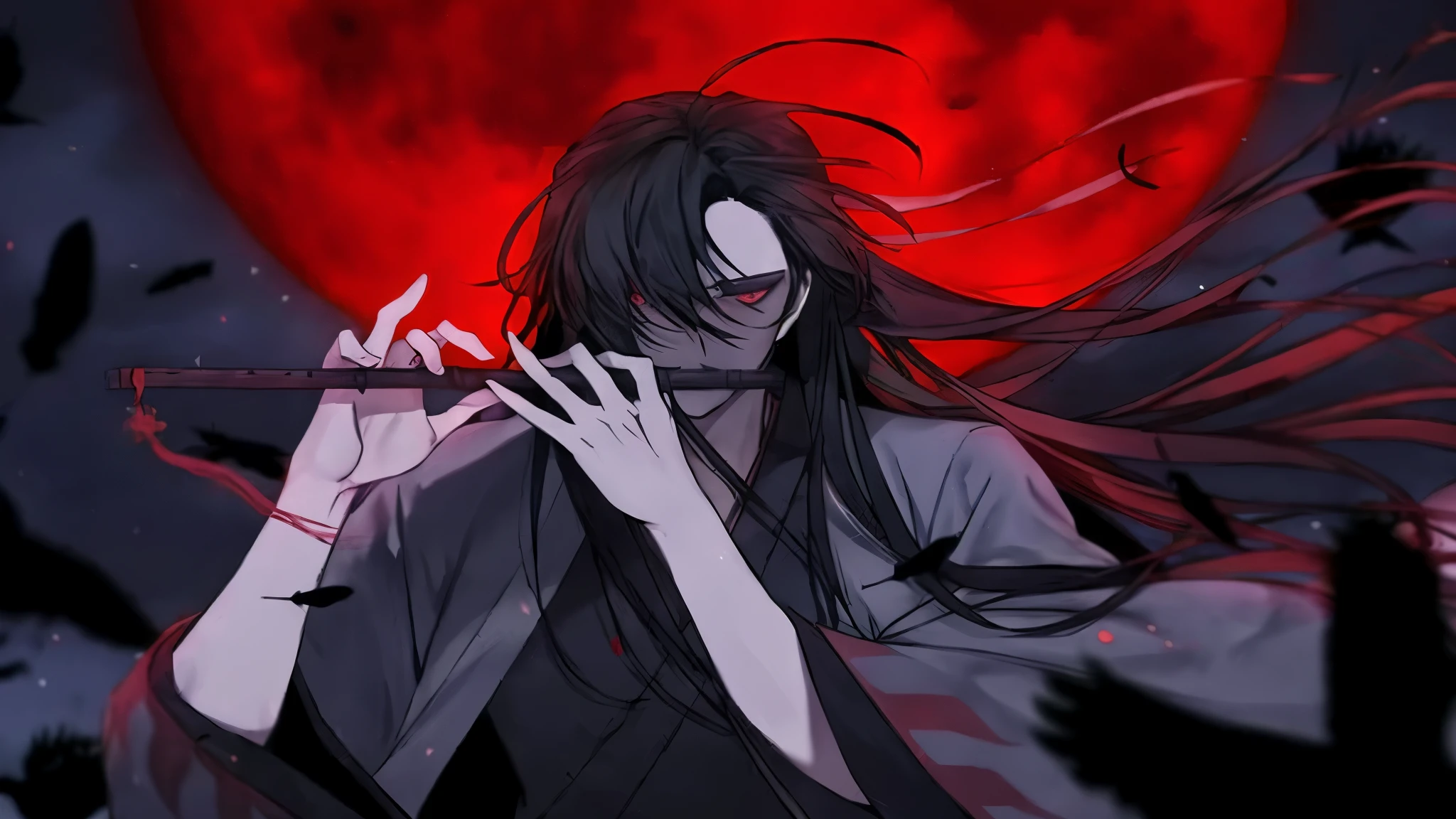 un homme aux cheveux longs et une robe noire tenant un couteau devant une lune rouge, beau dieu masculin de la mort, Gapmoe Yandere Grimdark, beau mec dans l&#39;art du tueur de démons, shinigami, demonic atmosphere, noyau nocturne, handsome japanese demon boy, fond d&#39;animated screen, portrait Gapmoe Yandere Grimdark, image d&#39;avatar, itatchi uchiha