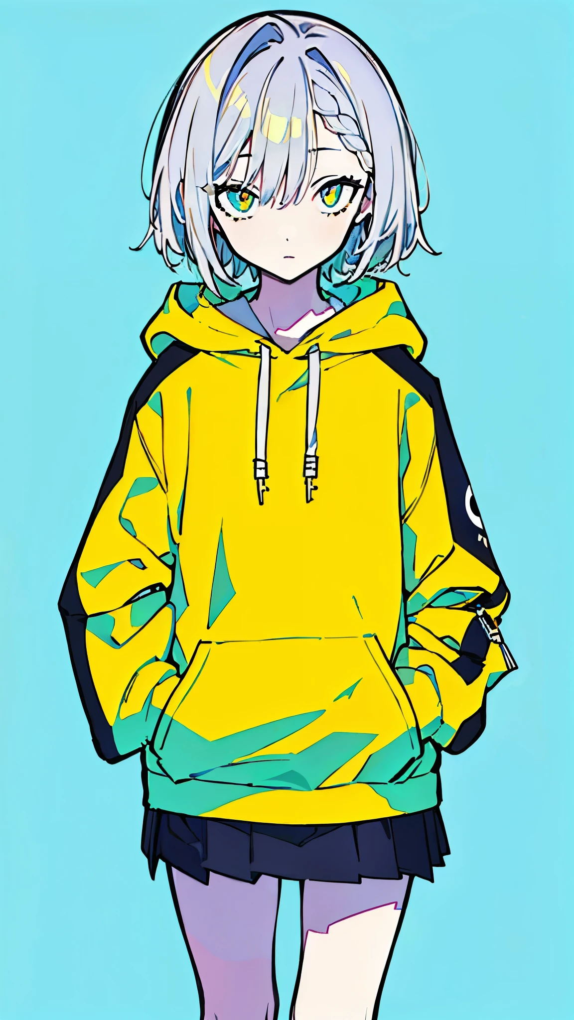(masterpiece, highest quality:1.6), alone, thick outline, (simple background, Dark yellow background, monochrome, dark yellow theme:1.2), official art, Key Visual, 8k, confused, whole body, (unique hair, oversized hoodie, mini skirt, arch back, short torso:1.2), belly button, thighs, cowboy shot, HDR, sharp focus, High resolution, most detailed, very detailed, Super detailed, finely, detailed eyes and face, sharp pupils, realistic student, alone, alone, put one&#39;s hand in one&#39;s pocket, Contrast between yellow, light blue and yellow-green