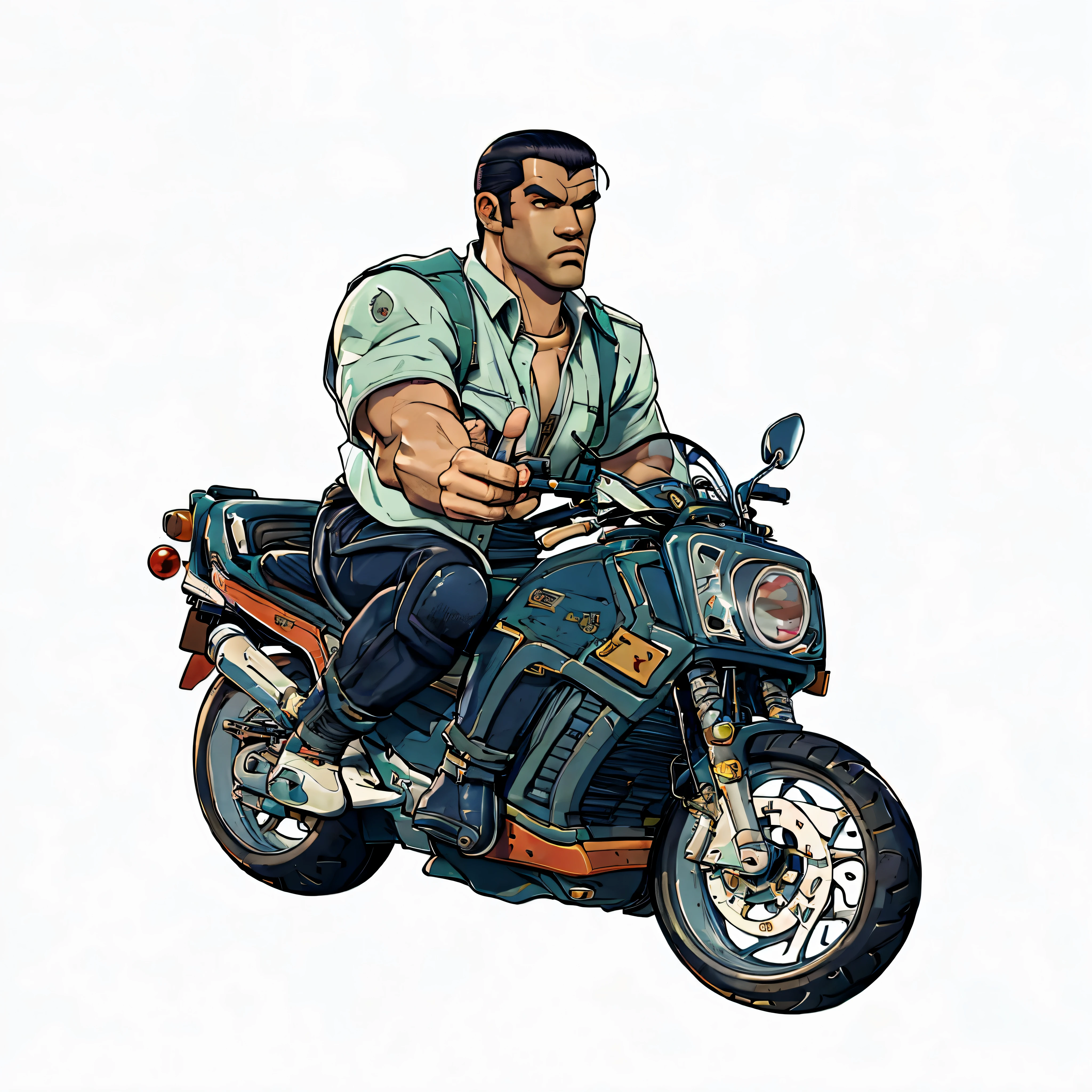 Cartoon of a muscular man with short hair, wearing a shirt and black pants and riding a motorcycle., 《King of Fighters》Character GTA Chinatown Art Style, grand theft auto art style, grand theft auto artstyle, gta character, 2D Game Art GTA Cover, 2D Game Art GTA Cover, grand theft auto art, GTA V art style, motorcyclist, Art Grand Theft Auto V Comics, GTA Vice City style art,