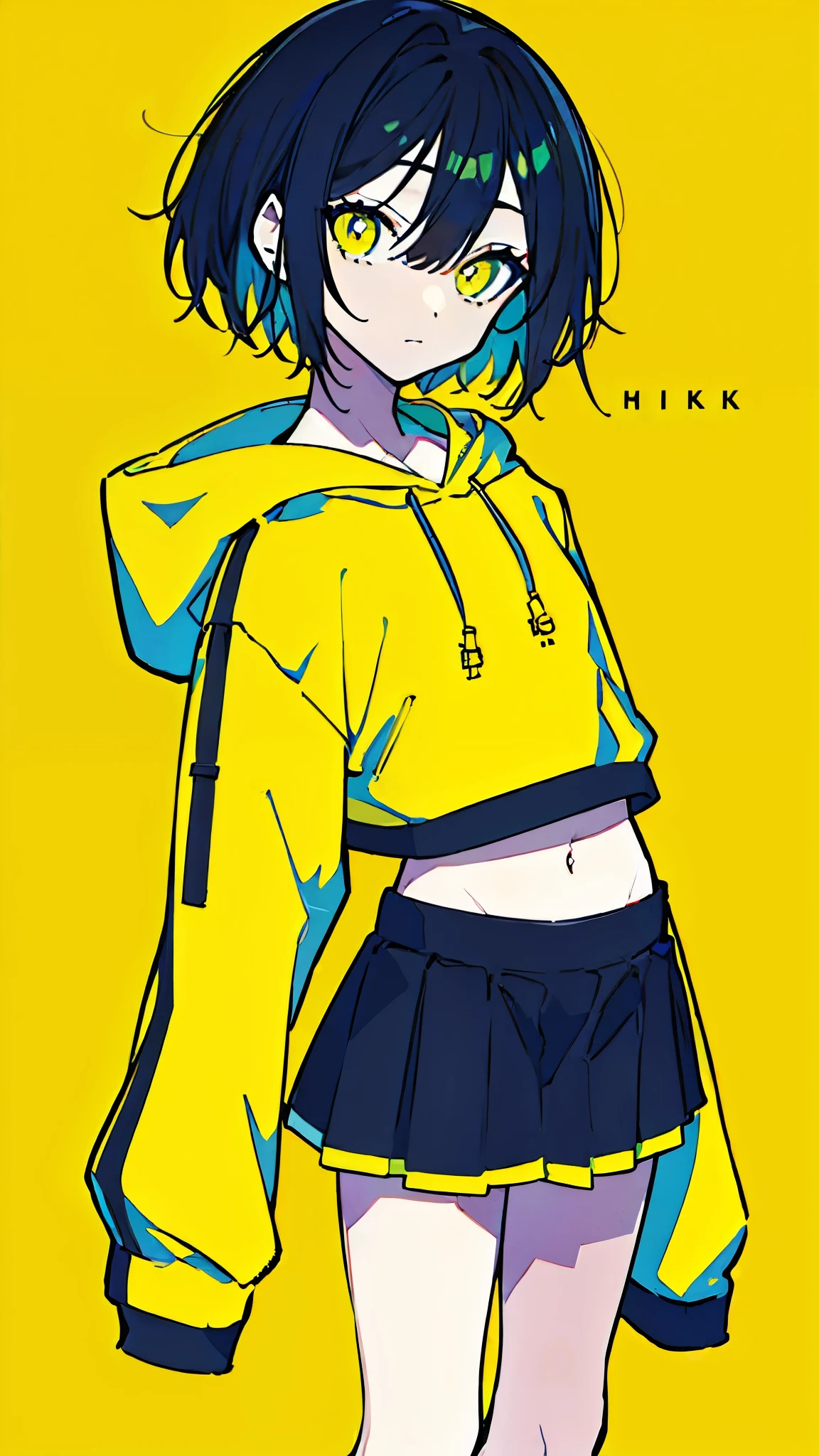 (masterpiece, highest quality:1.6), alone, thick outline, (simple background, Dark yellow background, monochrome, dark yellow theme:1.2), official art, Key Visual, 8k, confused, whole body, (unique hair, oversized hoodie, mini skirt, arch back, short torso, solo:1.2), belly button, thighs, cowboy shot, HDR, sharp focus, High resolution, most detailed, very detailed, Super detailed, finely, detailed eyes and face, sharp pupils, realistic student, alone, alone, put one&#39;s hand in one&#39;s pocket, Contrast between yellow, light blue and yellow-green