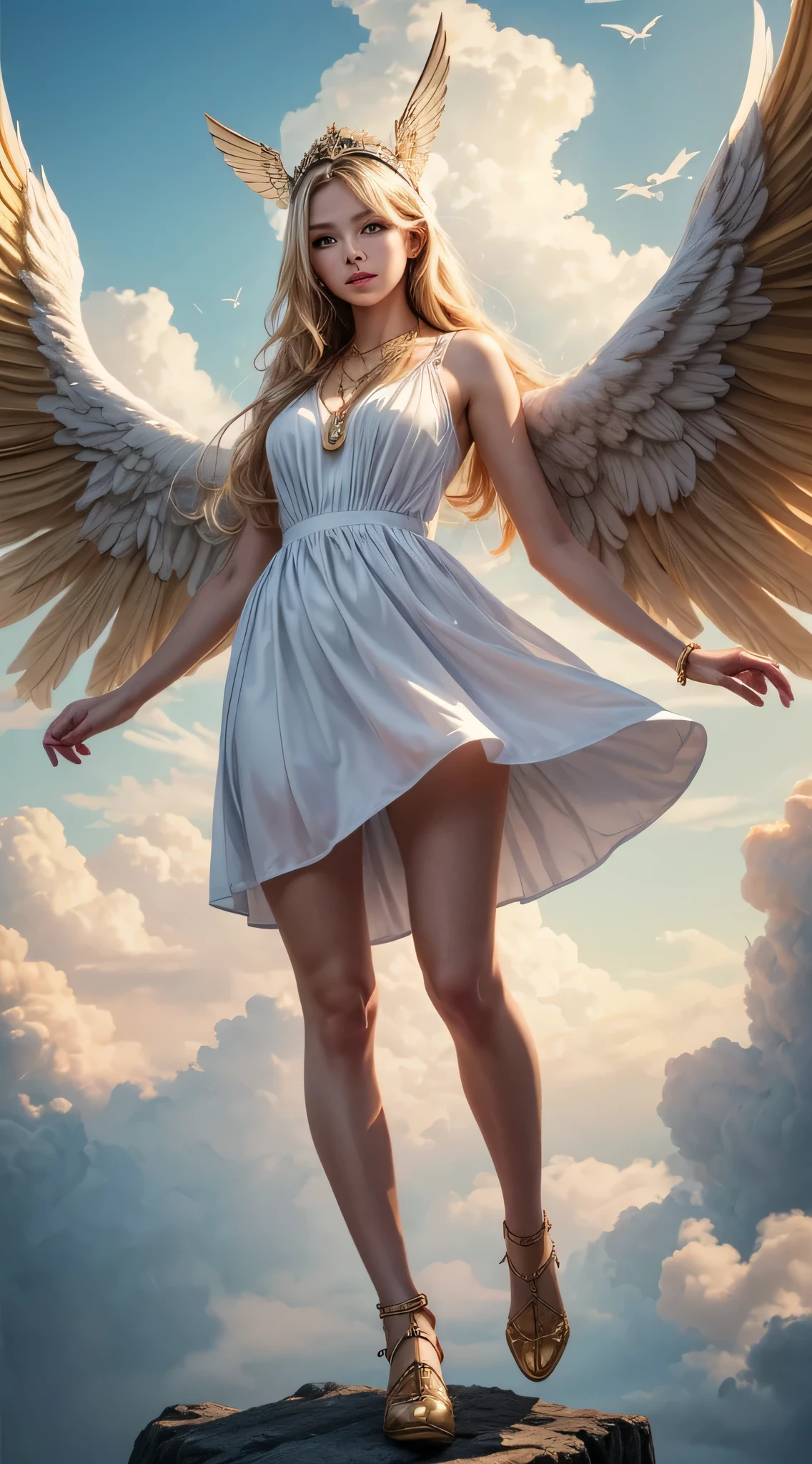 1 Girl,solo, Teenage, white dress, pairs of bird wings on head, Gold necklace, Cloudy background, Colorful clouds, Full body, Floating in the sky with skirt open, looking looking at viewer,
((masterpiece)), ((Best quality)), ((highly-detailing)), (Detailed face), (offcial art), blonde long hair, extremely detailed face, extremely detailed eyes, 8k
