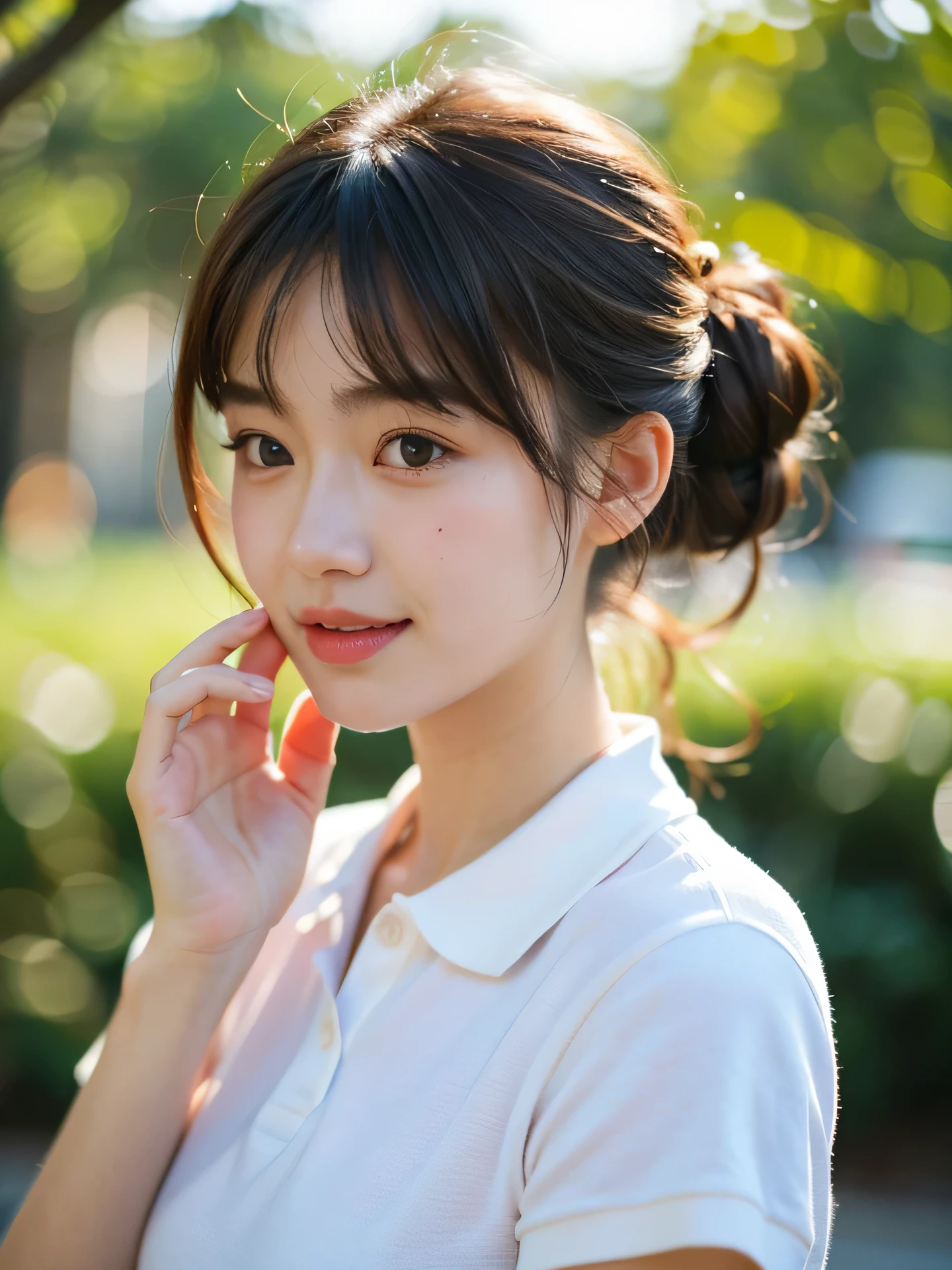 masterpiece, highest quality, RAW photo, 8k, 1 girl, close, cute, Girly, shy, embarrassing, smile, focus on the face, (the face is in focus:1.2) Fine and beautiful skin, Backlight, soft light, luminescent, look away, anatomically correct, medium hair, hair up, bangs, Eye and face details, rough skin, professional photography, Bokeh, portrait, professional lighting, alone, film grain, polo shirt,