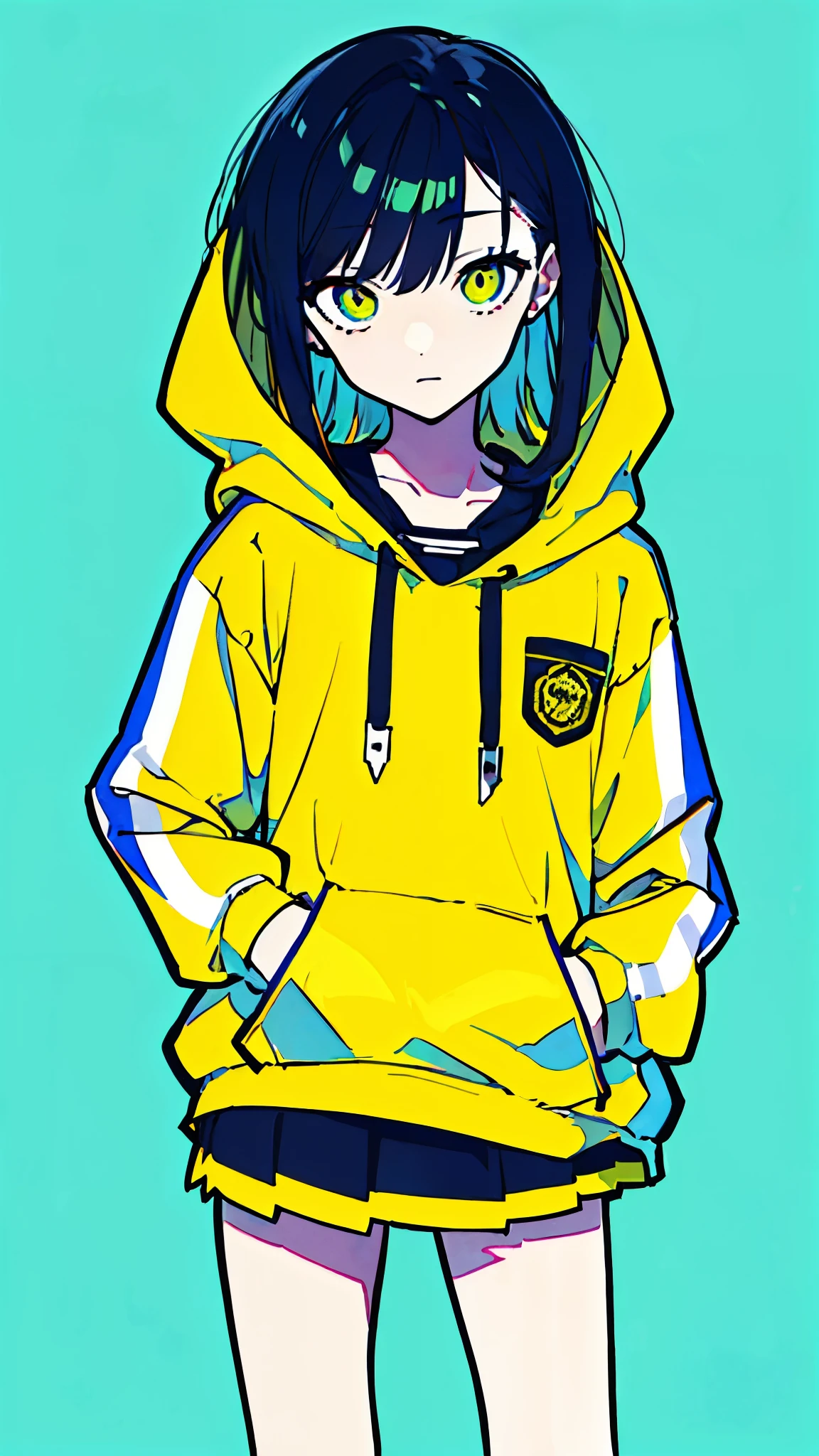 (masterpiece, highest quality:1.6), alone, thick outline, (simple background, Dark yellow background, monochrome, dark yellow theme:1.2), official art, Key Visual, 8k, confused, whole body, (unique hair, oversized hoodie, mini skirt, arch back, short torso, solo:1.2), belly button, thighs, cowboy shot, HDR, sharp focus, High resolution, most detailed, very detailed, Super detailed, finely, detailed eyes and face, sharp pupils, realistic student, alone, alone, put one's hand in one's pocket, Contrast between yellow, light blue and yellow-green