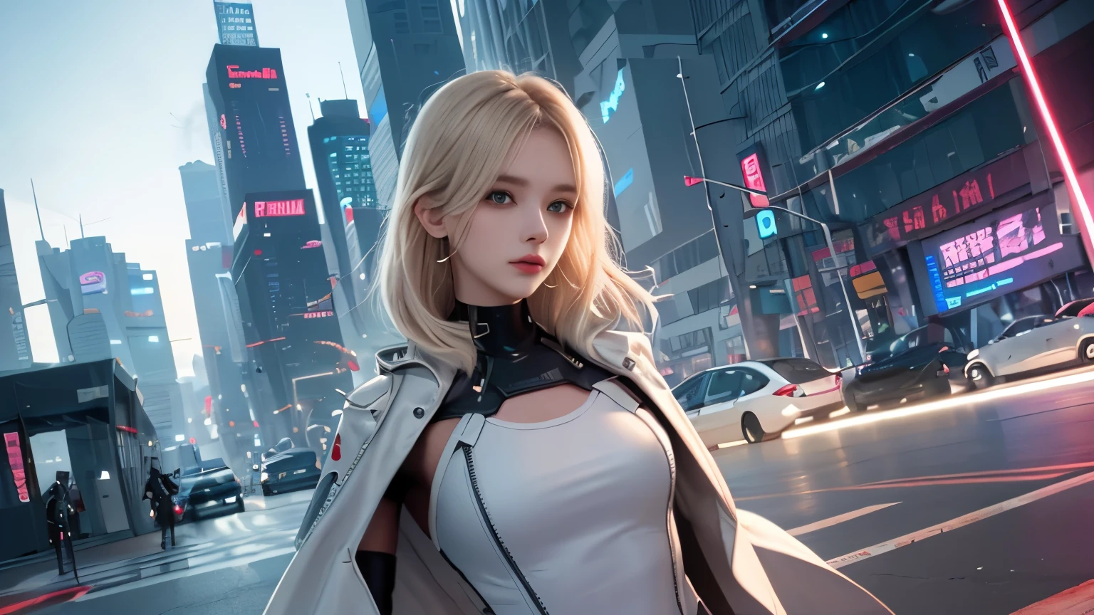 optimal，master piece，High resolution，best quality，hyper hd，super detail，Award-winning，16k，solo，（Upper body），correct anatomy，beautiful cyberpunk girl，cute face，，gradation beige hair，hair line，（（scarlet eyes）），long eyelashes，drooping corners of the eyes，white skin，（small ），（Because I&#39;m slender），（（Women&#39;s Super Short Shawl Leather Jacket）），（（racing_suit）），（（height_skirt）），ear studs，（neck ring），（laser material clothing：1.2）