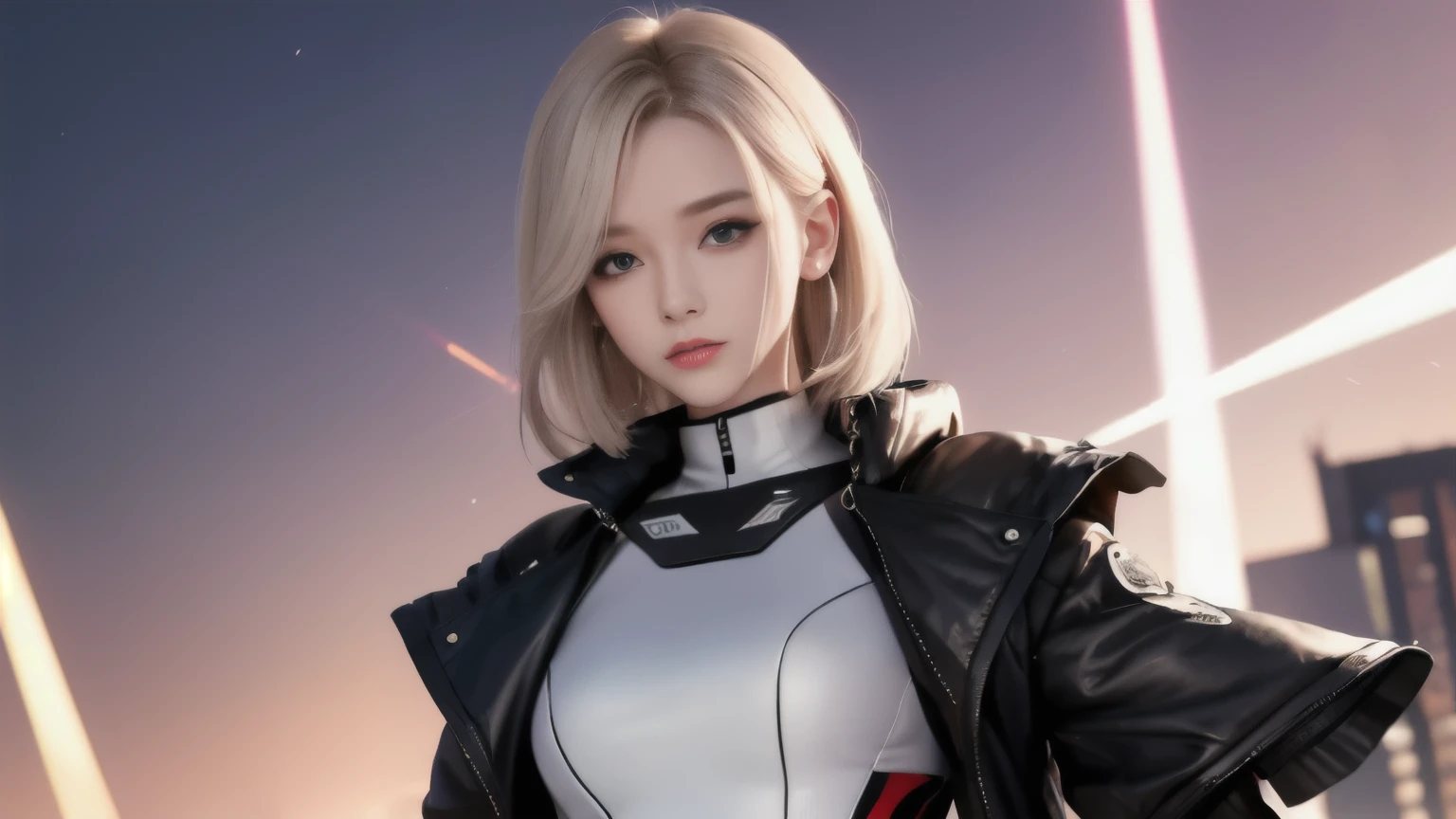 optimal，master piece，High resolution，best quality，hyper hd，super detail，Award-winning，16k，solo，（Upper body），correct anatomy，beautiful cyberpunk girl，cute face，，gradation beige hair，hair line，（（scarlet eyes）），long eyelashes，drooping corners of the eyes，white skin，（small ），（Because I&#39;m slender），（（Women&#39;s Super Short Shawl Leather Jacket）），（（racing_suit）），（（height_skirt）），ear studs，（neck ring），（laser material clothing：1.2）