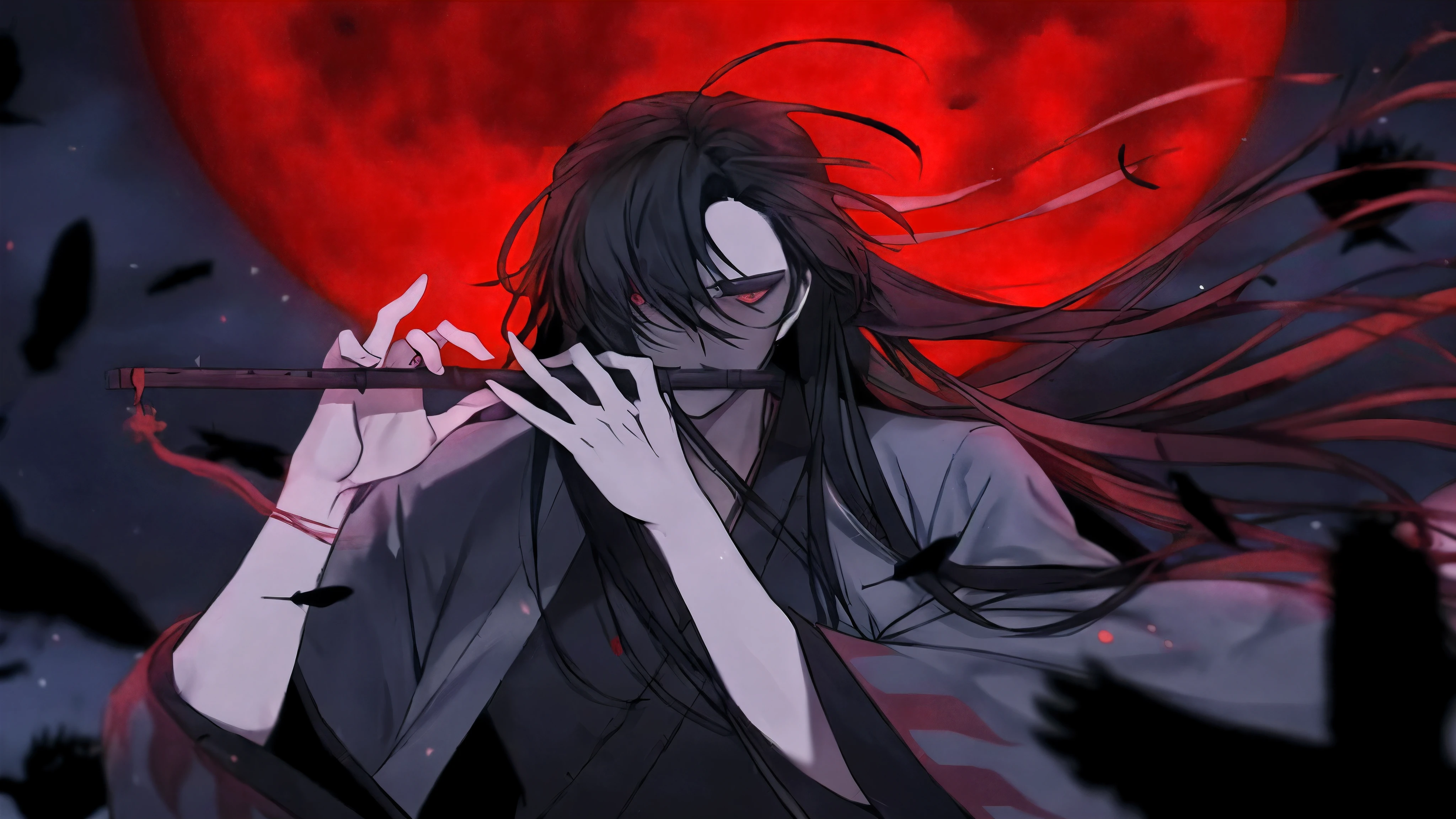 un homme aux cheveux longs et une robe noire tenant un couteau devant une lune rouge, Beau dieu masculin de la mort, Gapmoe Yandere Grimdark, beau mec dans l'art du tueur de démons, shinigami, demonic atmosphere, noyau nocturne, handsome japanese demon boy, fond d'animated screen, portrait gapmoe yandere sombre, Image d'avatar, itatchi uchiha