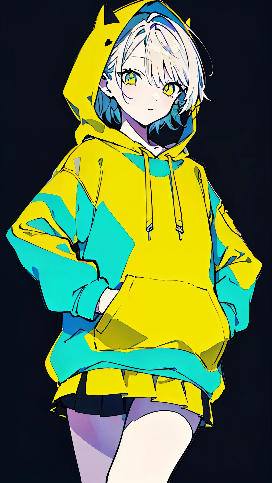 (masterpiece, highest quality:1.6), alone, thick outline, (simple background, Dark yellow background, monochrome, dark yellow theme:1.2), official art, Key Visual, 8k, confused, whole body, (unique hair, oversized hoodie, mini skirt, arch back, short torso:1.2), belly button, thighs, cowboy shot, HDR, sharp focus, High resolution, most detailed, very detailed, Super detailed, finely, detailed eyes and face, sharp pupils, realistic student, alone, alone, put one&#39;s hand in one&#39;s pocket, Contrast between yellow, light blue and yellow-green