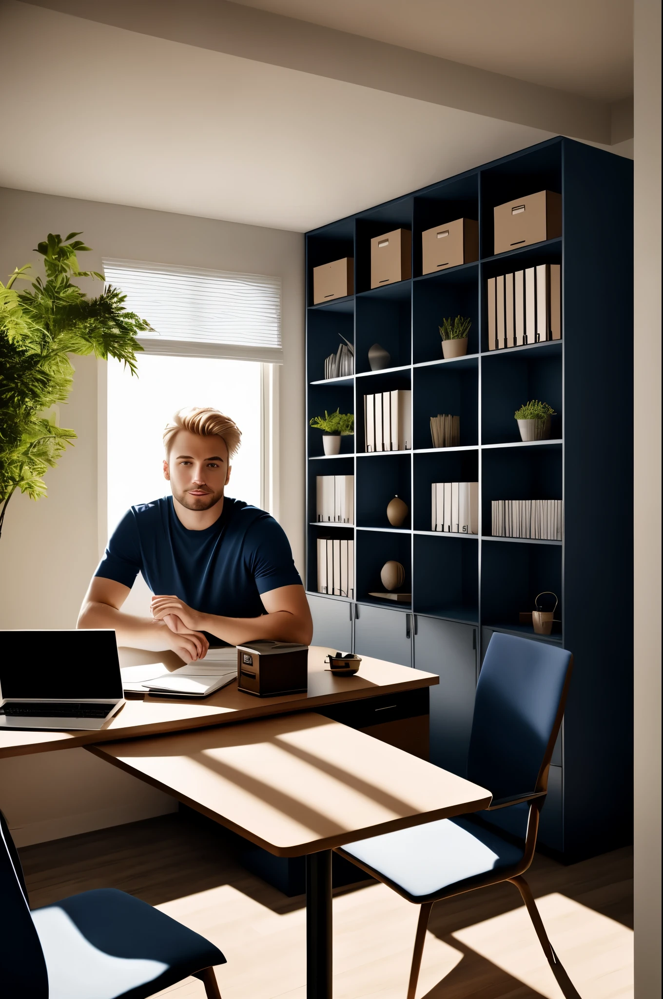 realistic image, photo, man, blond, in dark blue tee suit, sitting at a desk in an office, cabinet with folders of documents, warm sunlight falling from the window, photosession style, ultra realistic photography, realistic photo, hyper detalisation, more acurate detailed, centered, medium distance,