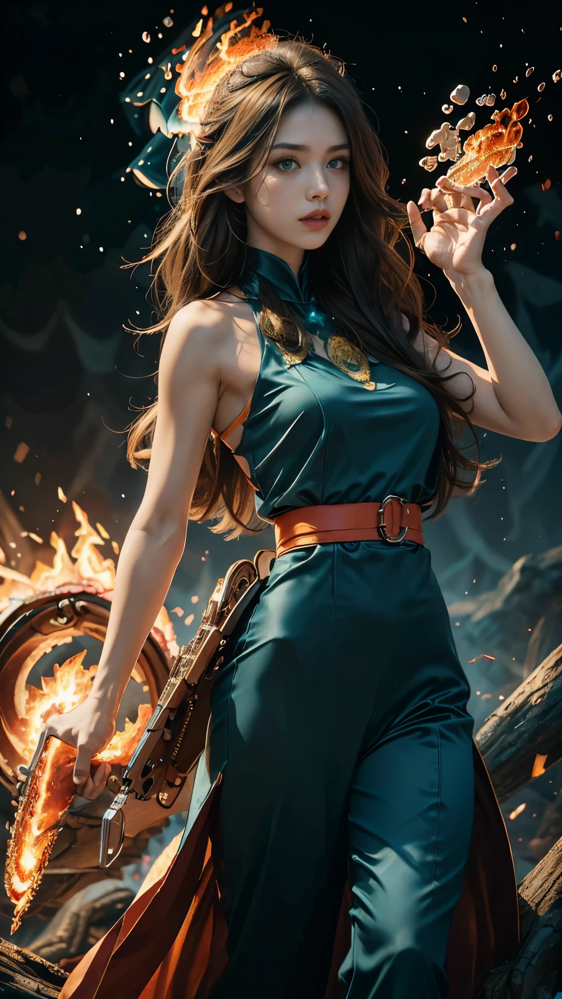 8K, ultra detailed, masterpiece, 1 fire girl, good face, detailed eyes, very long hair, hire hair, (fire outfit:1.8), (teal outfit:1.5), (spreading fire:1.5), (aura:1.4), flame in hands, perfect body,