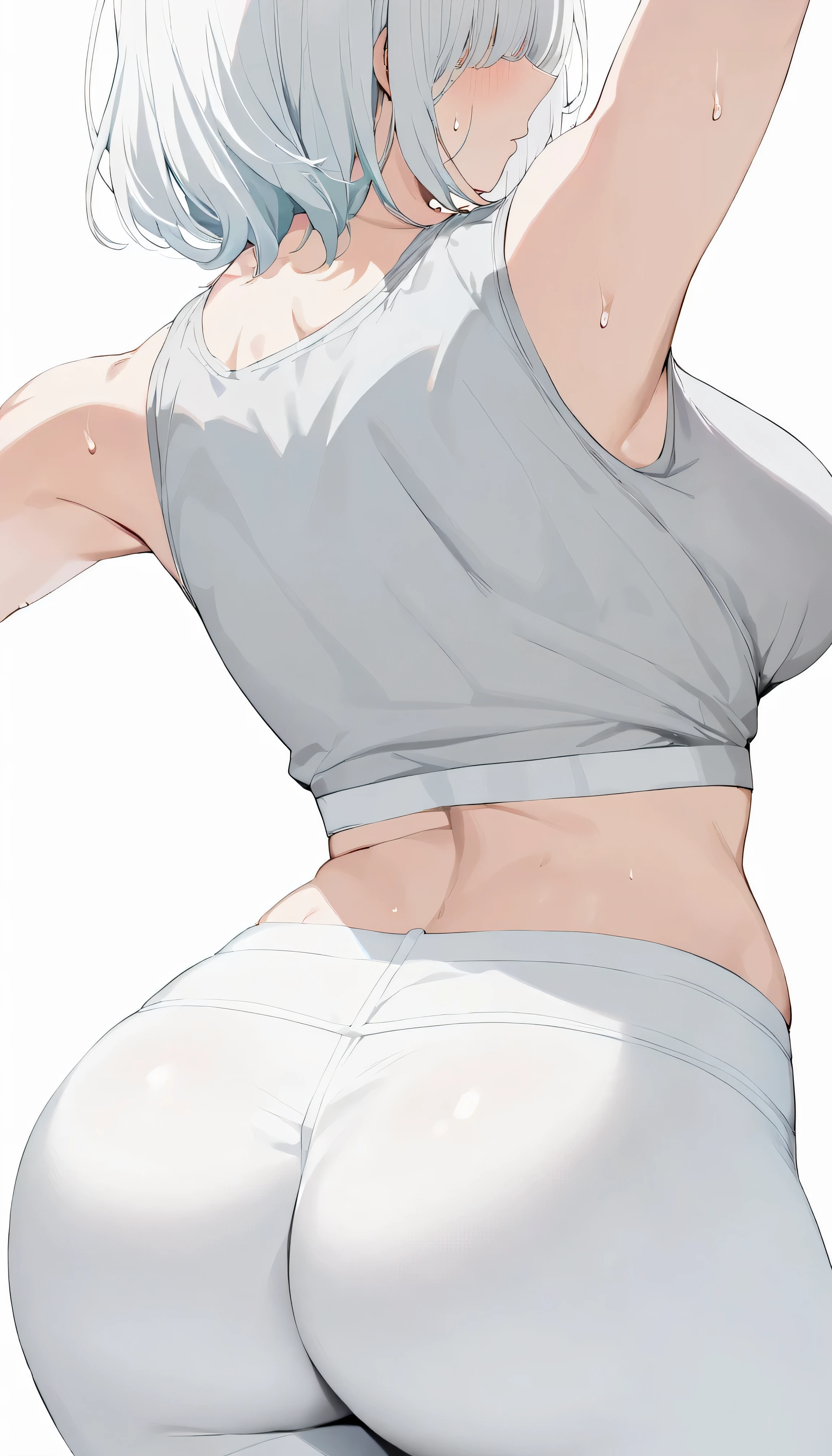 official art, no text, \(blue archive\) \(oshi no ko\), breasts, big breasts, two-tone hair, long bangs, short hair, hair over eyes, hair cover eyes, white hair, grey sports bra, white yoga pants, mature, thick, milf, breasts, sweat, white background, close-up, ankle to head, view from behind, big ass, ass focus, depth of field, masterpiece, best quality