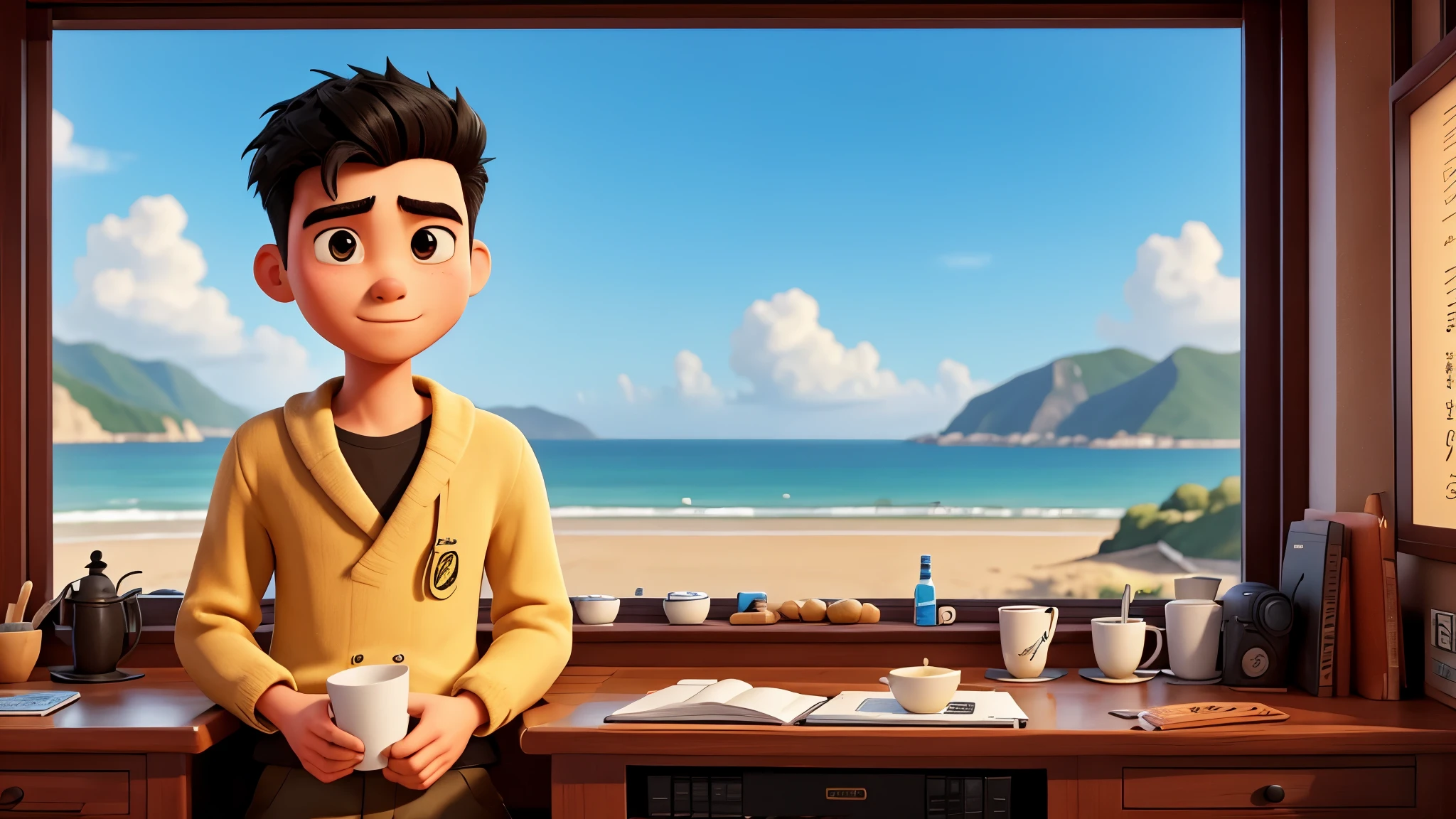 24-year-old Chinese young man，yellow skin，black hair，sad，comics，Look out the window，The scenery is eye-catching by the seaside