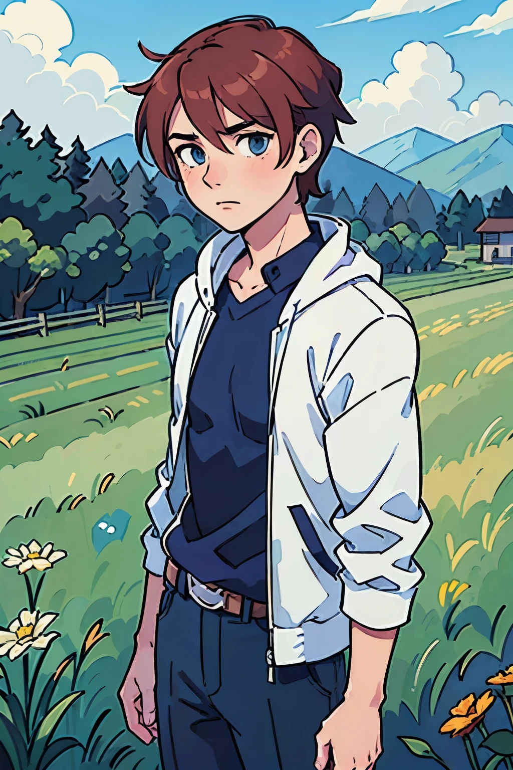 (best quality:0.8), perfect anime illustration, masculine boy, Auburn hair, short masculine hairstyle, blue eyes, soft expression, looking out at a field, modern clothes, digimon artsyle