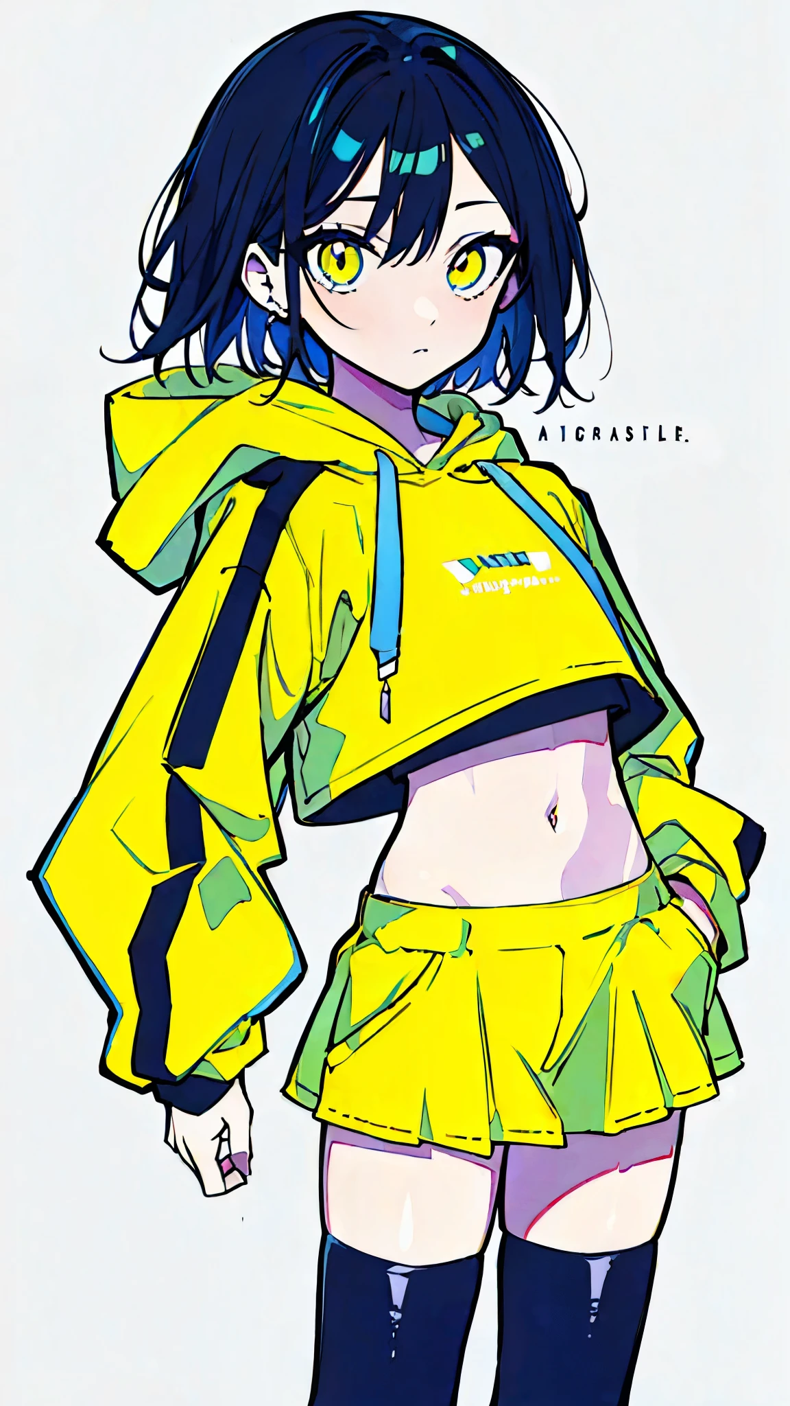 (masterpiece, highest quality:1.6), alone, thick outline, (simple background, Dark yellow background, monochrome, dark yellow theme:1.2), official art, Key Visual, 8K, disorganized, whole body, (Unique hair, Oversized Hoodies, hot pants, arch back, short torso:1.2), belly button, thighs, cowboy shot, HDR, sharp focus, High resolution, most detailed, very detailed, Super detailed, finely, detailed eyes and face, sharp pupils, realistic student