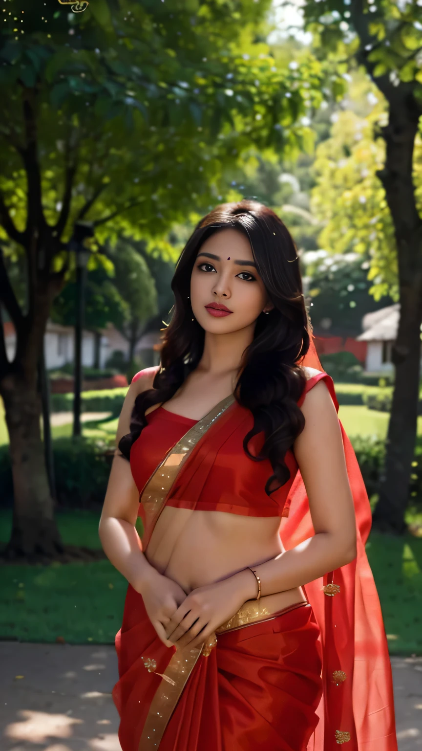 Masterpiece, highest quality, high resolution, solo, desi girl with chubby face and natural skin, wearing vibrant red bridal saree, charming black hair with hair ends subtly blended with blonde hues, backdrop of lush greenary village, bokeh effect creating a dreamy atmosphere.