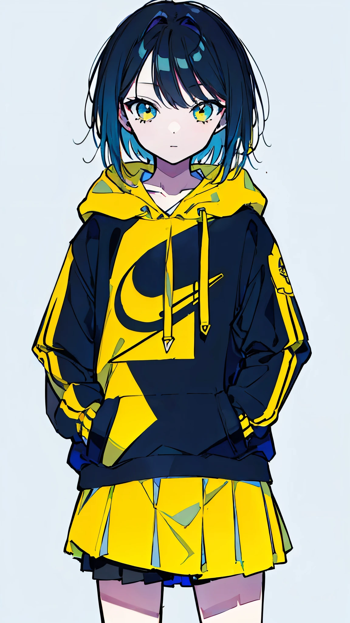 (masterpiece, highest quality:1.6), alone, thick outline, (simple background, Dark yellow background, monochrome, dark yellow theme:1.2), official art, Key Visual, 8k, confused, whole body, (unique hair, oversized hoodie, mini skirt, arch back, short torso, solo:1.2), belly button, thighs, cowboy shot, HDR, sharp focus, High resolution, most detailed, very detailed, Super detailed, finely, detailed eyes and face, sharp pupils, realistic student, alone, alone, put one's hand in one's pocket, Contrast between yellow, light blue and yellow-green
