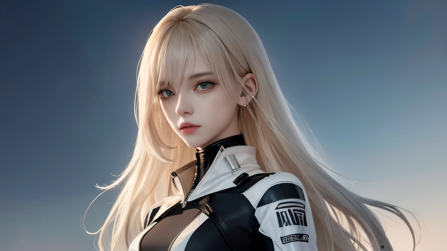 optimal，master piece，High resolution，best quality，hyper hd，super detail，Award-winning，16k，solo，（Upper body），correct anatomy，beautiful cyberpunk girl，cute face，，gradation beige hair，hair line，（（scarlet eyes）），long eyelashes，drooping corners of the eyes，white skin，（small ），（Because I&#39;m slender），（（Women&#39;s Super Short Shawl Leather Jacket）），（（racing_suit）），（（height_skirt）），ear studs，（neck ring），（laser material clothing：1.2）