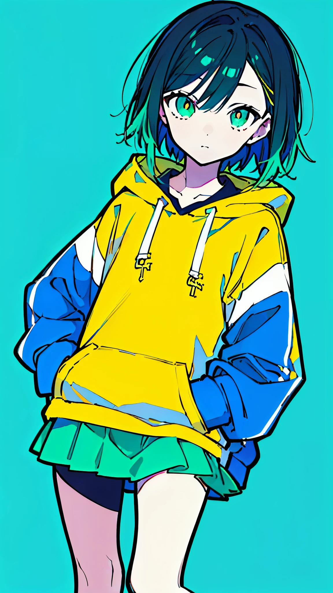 (masterpiece, highest quality:1.6), alone, thick outline, (simple background, bright blue green background, monochrome, bright blue green theme:1.2), official art, Key Visual, 8k, confused, whole body, (unique hair, oversized hoodie, mini skirt, arch back, short torso:1.2), belly button, thighs, cowboy shot, HDR, sharp focus, High resolution, most detailed, very detailed, Super detailed, finely, detailed eyes and face, sharp pupils, realistic student, alone, alone, put one&#39;s hand in one&#39;s pocket, Contrast between yellow, light blue and yellow-green