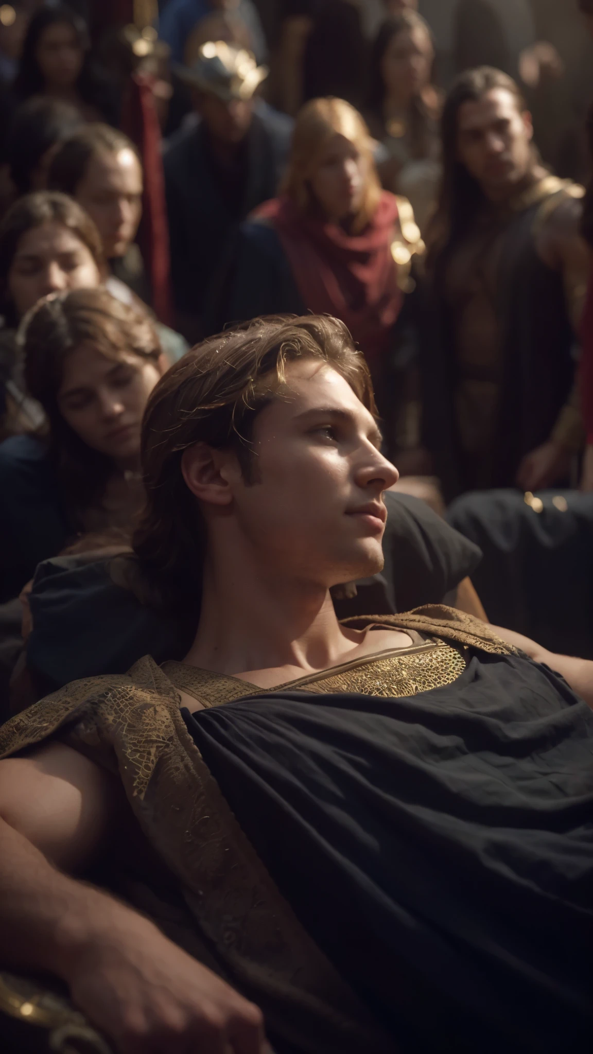 a man laying down in front of a crowd of people, in screenshot from the 300 movie, studying in a brightly lit room, portrait of beautiful young man, dressed as an oracle, remembering his life, sam, andrew dickson, morgana, loss, peaceful face, icon, full image, young, where being rest in peace, eternals