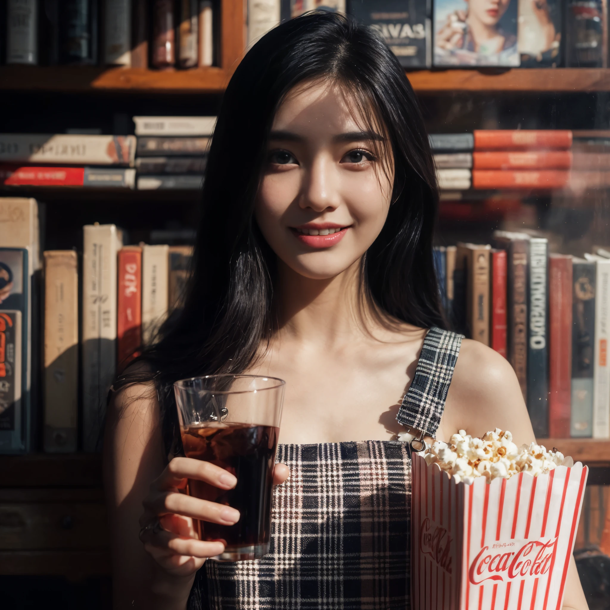 Cinematic portrait of a 20 year old woman with an Indonesian face, long black shoulder length hair wearing a checkered pinafore, with a happy expression, the woman is standing holding a glass of Coca Cola with her left hand, while her right hand is holding a box of vintage cinema popcorn, shop background book where several books and other items are displayed in the glass window. Sunlight shines from the right of the photo, creating interesting shadows and contrast, photography, (warm hue, warm tone) bokeh, professional color gradient, shot by Sony a6700, sigma 23mm lens (35mm FFeqf), mist filter 1/4
