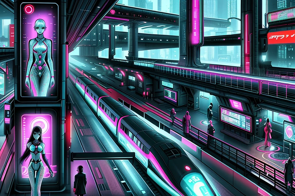 Futuristic city with futuristic trains and futuristic women, Cyberpunk Elevated Train, Digital Cyberpunk - Anime Art, futuristic cyberpunk scenario, futuristic art style, digital cyberpunk anime art, detailed cyberpunk illustration, cyberpunk art style, advanced digital cyberpunk art, Cyberpunk themed art, futuristic concept art, cyberpunk illustration, futuristic art, Futuristic painting, cyberpunk art, futuristic digital painting
