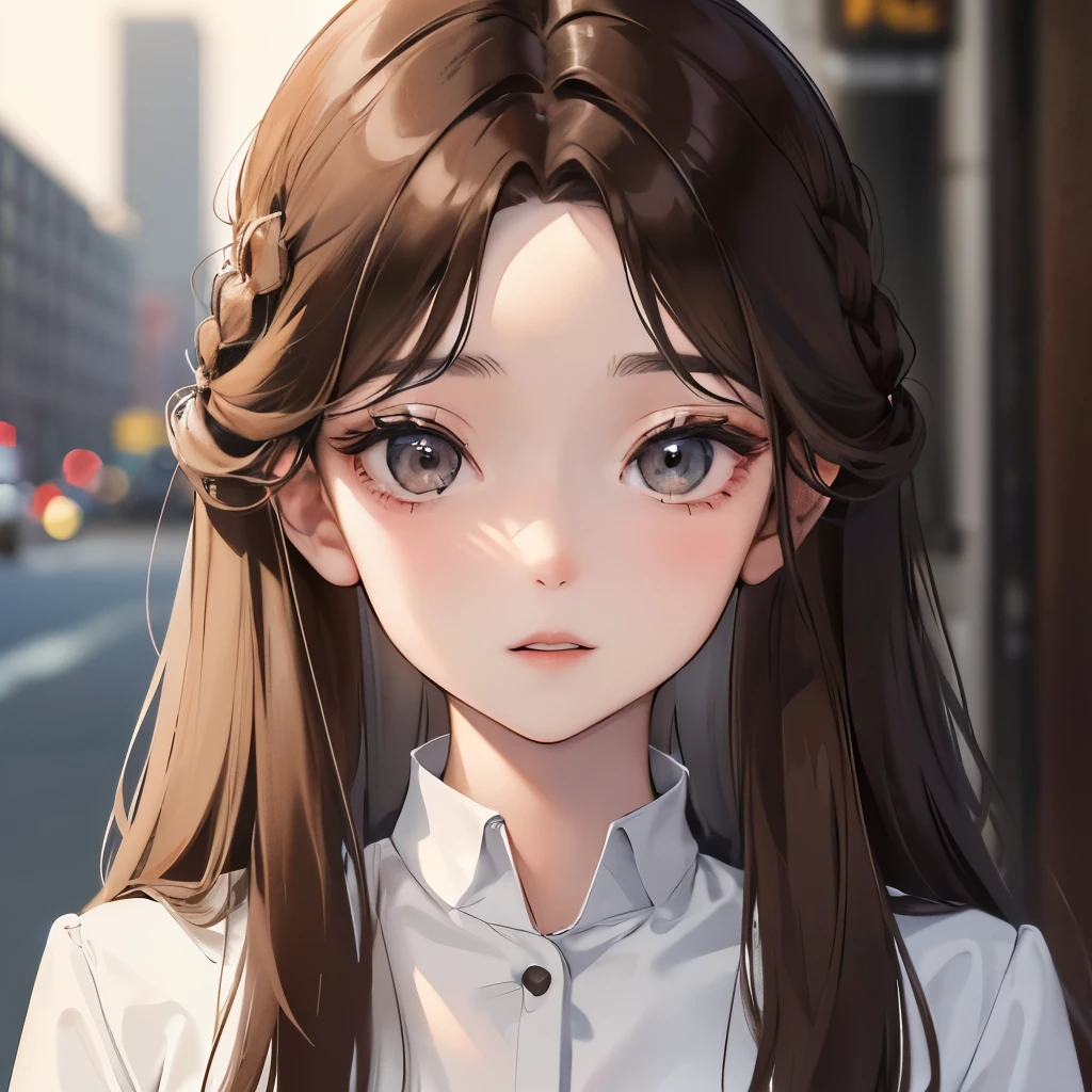 Girl, long soft brown hair, gray eyes, sharp features, white skin.