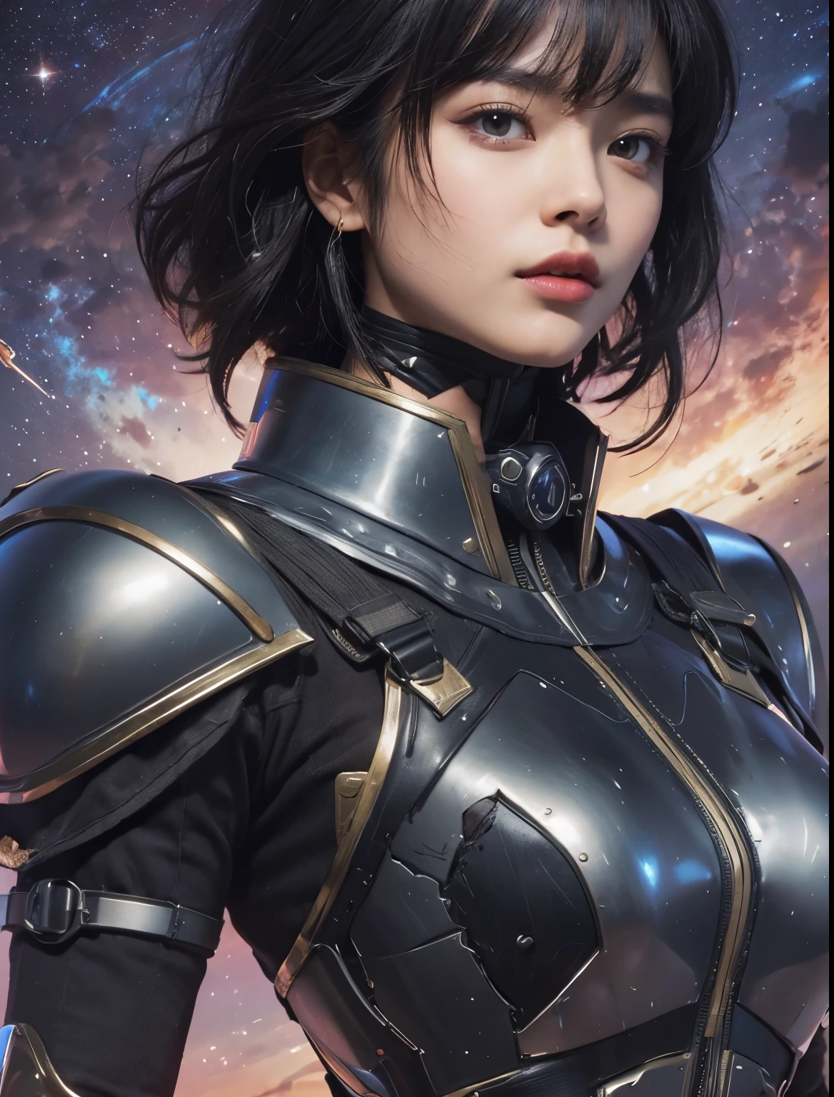 Upper body close-up image.A beautiful woman. 20s. Black hair. She wears a metallic black battle uniform. There is something on his waist that is reminiscent of Kamen Rider's transformation belt. An image of outer space and Mars in the space behind her. A masterpiece