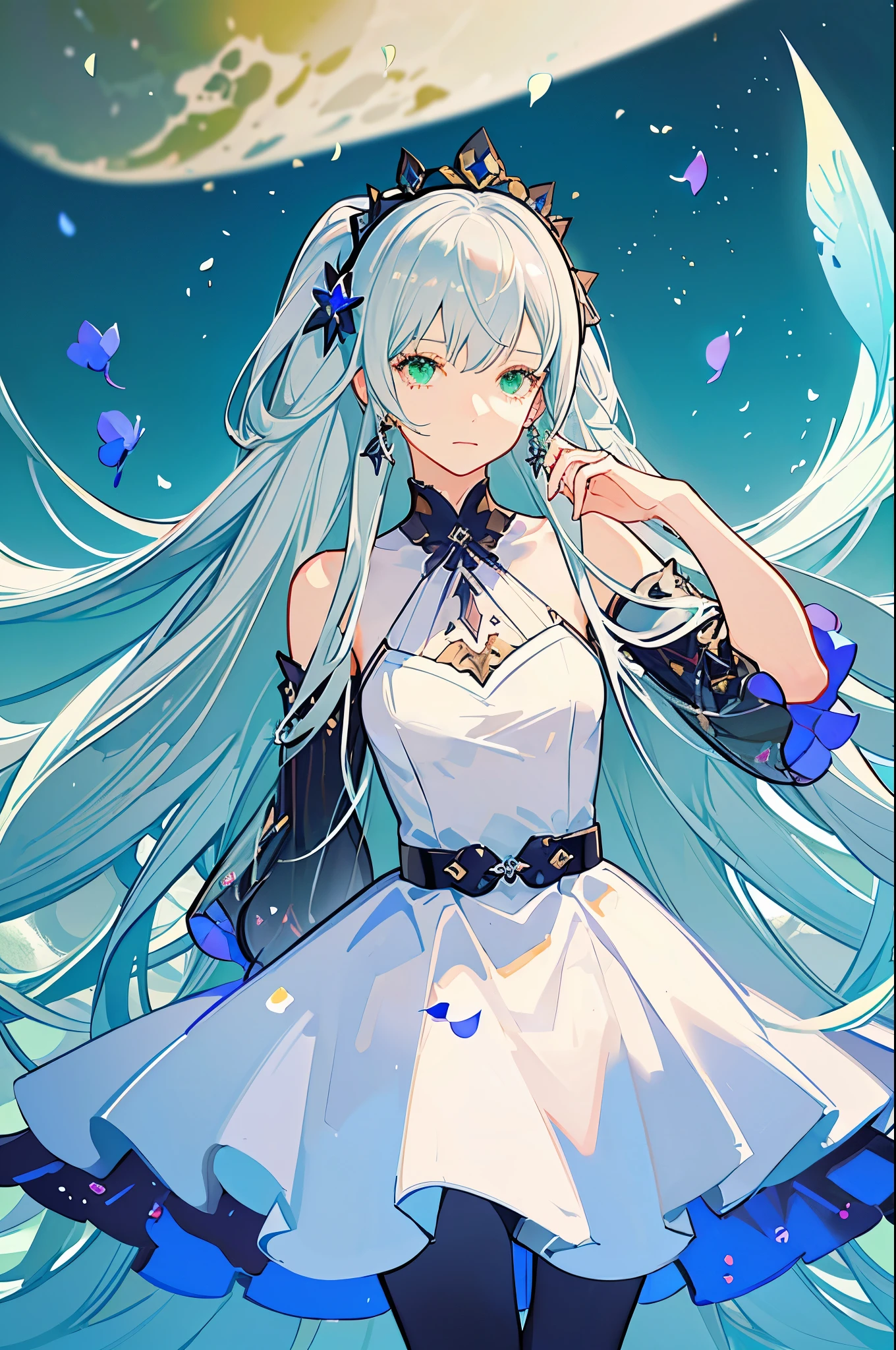 masterpiece, best quality, FrierenBase, (top view), dynamic angle, ultra-detailed, illustration, close-up, direct view, 1 girl, (fantasy: 1.4), (green eyes: 1.233), her eyes shine like dream stars, (glowing eyes: 1.233), (beautiful and detailed eyes: 1.1), (silver hair: 1.14), twintails, earrings, white capelet, striped shirt, white skirt, long sleeves, belt, black pantyhose, right hand delicately removing hair from her face, (no expression, shut up), (blue flowers), (blue flower crown), (flowing air), (ruins filled of blue flores), (night: 1.2), dreamy, soul, (relaxation), (flying translucent blue petals: 1.15), [[Delicate fingers and hands: 0.55:0.55:0.55:0.55)]: :0.85], (finger details), (Yubao: 0.5), upper body