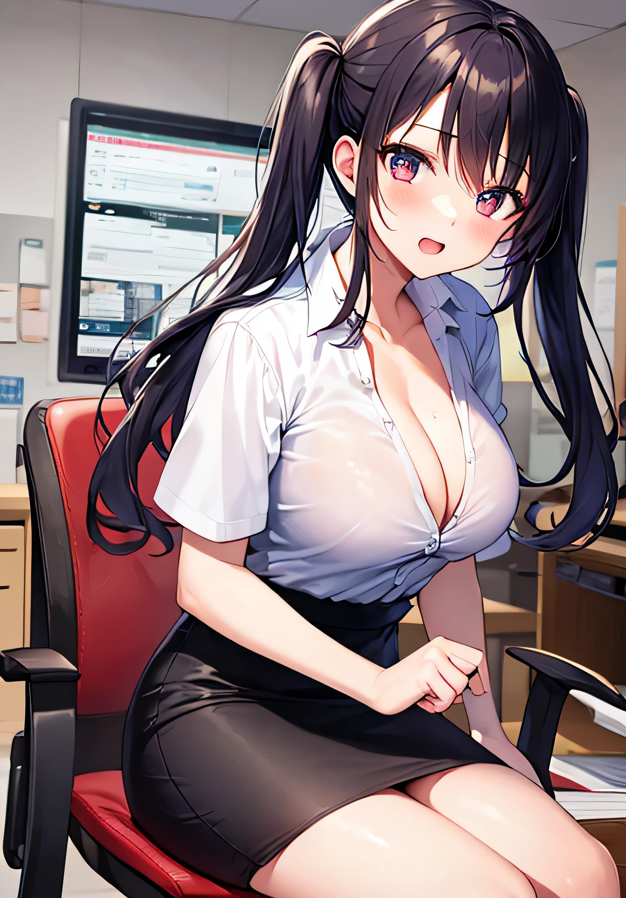 masterpiece、best image quality、ultra high resolution、age girl with big breasts、twin tail hairstyle、black hair、red face、shyly、Open your mouth just a little、Short-sleeved dress shirt that shows a slight cleavage、wearing a mini pencil skirt、sitting in an office chair、inside the office