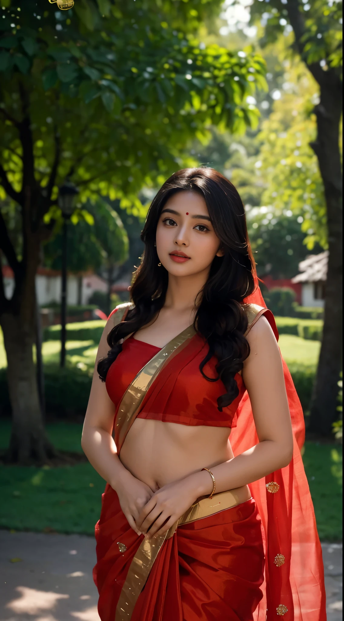 Masterpiece, highest quality, high resolution, solo, desi girl with chubby face and natural skin, wearing vibrant red bridal saree, curvy figure, charming black hair with hair ends subtly blended with blonde hues, backdrop of lush greenary village, bokeh effect creating a dreamy atmosphere.