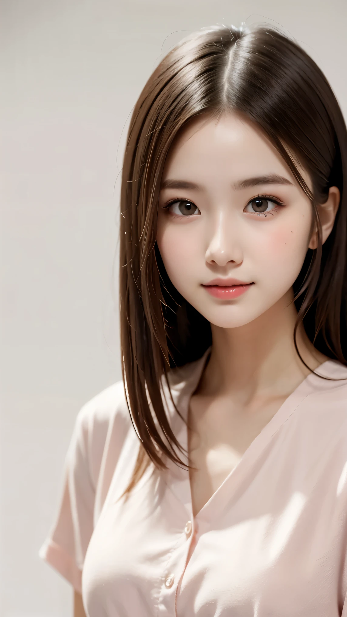 masterpiece, best quality, 8k, upper body, pale pink shirt, break, 18 years old, anna_girl, looking at viewer, smile, ultra realistic photography, sharp focus, face light, dynamic lighting, break, (simple white background:1.4), break, real skin, delicate facial features, detailed face and eyes, symmetric clear eyes, dark brown eyes, sharp pupils, realistic pupils