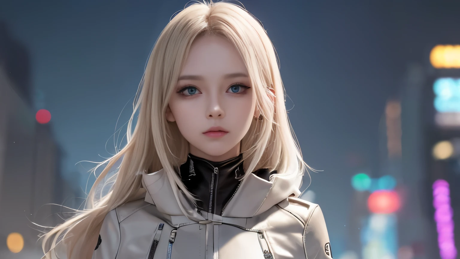 optimal,master piece,High resolution,best quality,hyper hd,super detail,Award-winning,16k,solo,(Upper body),correct anatomy,beautiful cyberpunk girl,cute face,,gradation beige hair,hair line,((scarlet eyes)),long eyelashes,drooping corners of the eyes,white skin,(small ),(Because I'm slender),((Women's Super Short Shawl Leather Jacket)),((racing_suit)),((height_skirt)),ear studs,(neck ring),(laser material clothing:1.2)