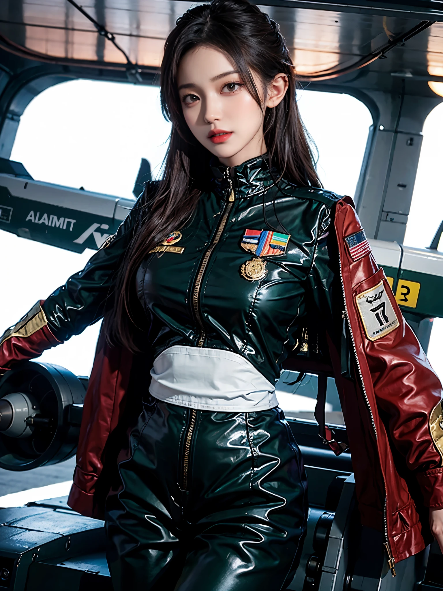 Arad woman standing in front of airplane wearing military uniform, Inspired by Jill Elfgren's portrait, tumbler, amazing realism, Girl with warship parts, Pilot Costume, Perfect military composure, 完全なwearing military uniform, cute Pilot Girl, Pilot Girl, wearing military uniform, military girl, charming and seductive, 70s jet fighter Pilot Girl, korean female fashion model, good hips and long legs