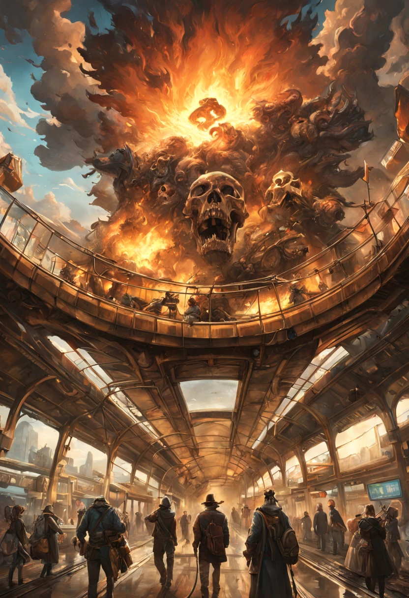 Train Station, aesthetic, HUMAN SKULL FLAMES TRAIN!!!! epic long hyperdetailed SKULL train on fire!!! EXPLOSION, HIGH FLAMeS, WRECK, hyperdetailed photorealistic matte painting 8k resolution concept art, intricate, ornate, by Mathias Kollros, Darek Zabrocki, Jean-Baptiste Monge, Ismail Inceoglu, Wadim Kashin, steampunk demonpunk, Epic cinematic brilliant stunning intricate meticulously detailed dramatic atmospheric maximalist digital matte painting, sinister by Greg Rutkowski trending on Artstation Unreal Engine 5