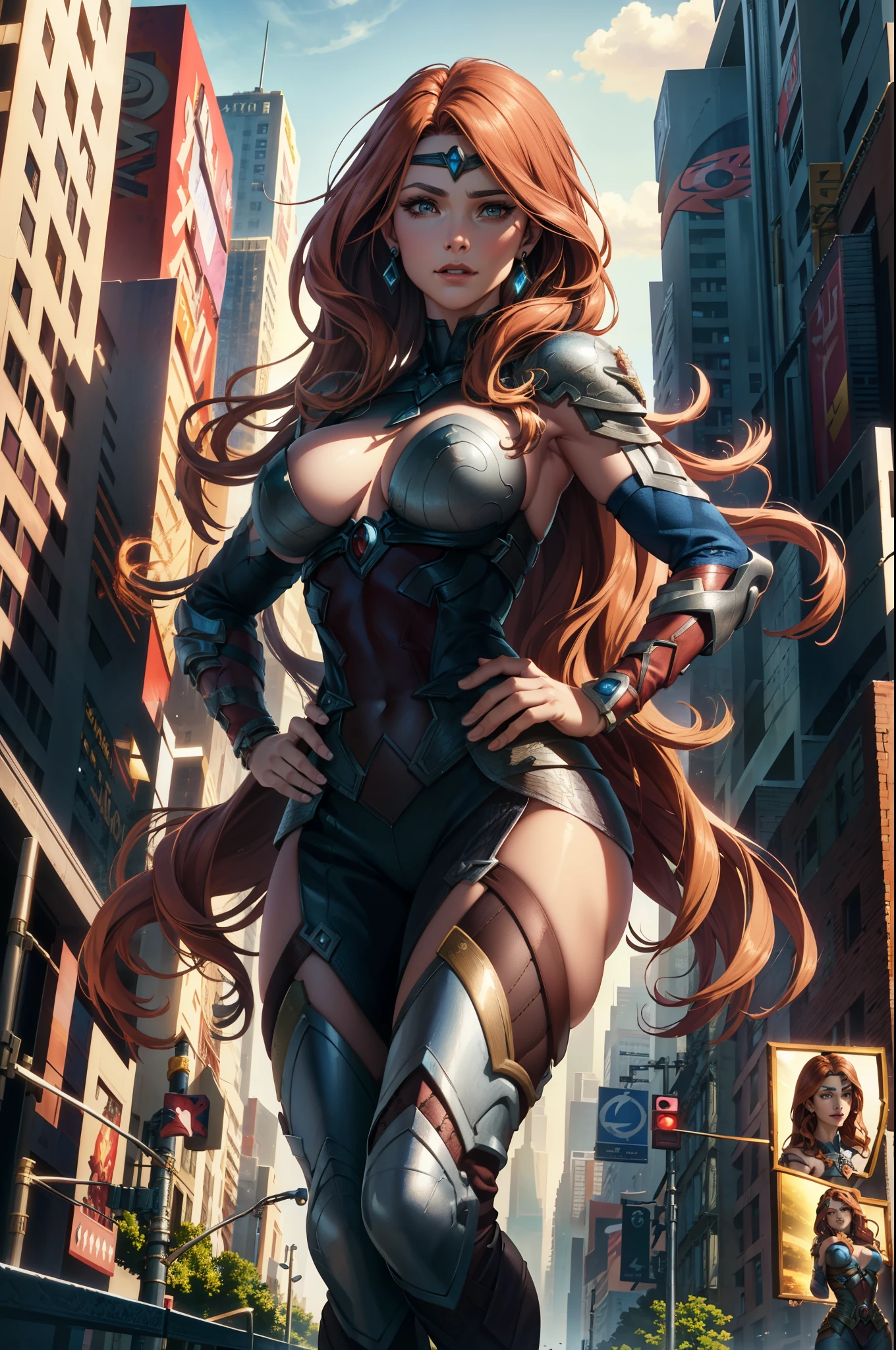 queen maeve,(extremely detailed CG unity 4k wallpaper),(masterpiece),(best quality),(ultra-detailed),(best illustration),(best shadow),(absurdres),(detailed background), Detailed face, Detailed hair, Close up, New York City, hands on her hips, Confident,