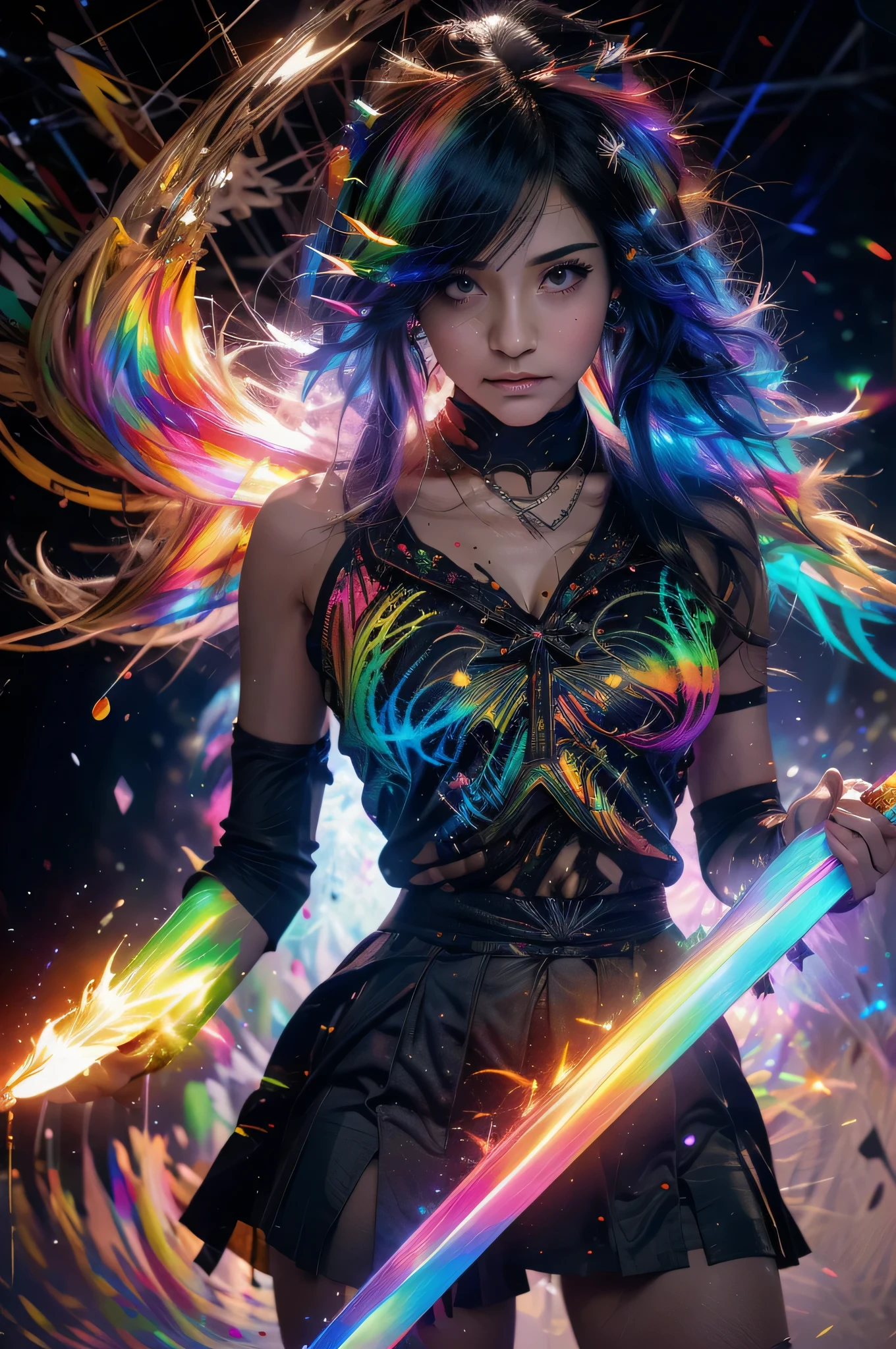 he sai shi hili is holding a rainbow sword, no estilo de Cyril Rolando, efeitos de luz capturados, intensely colorful figuration, Tatsuyuki Tanaka,, in the style of colorful explosions, Rainbow Core, energia animada, Corpo todo, com falhas, pessoal,, in the style of colorful explosions, Vazamentos de luz, psychedelic illustration, raios de deus, Rainbow Core, mixes realistic and fantastical elements, fada academia --s 750 --niji 5