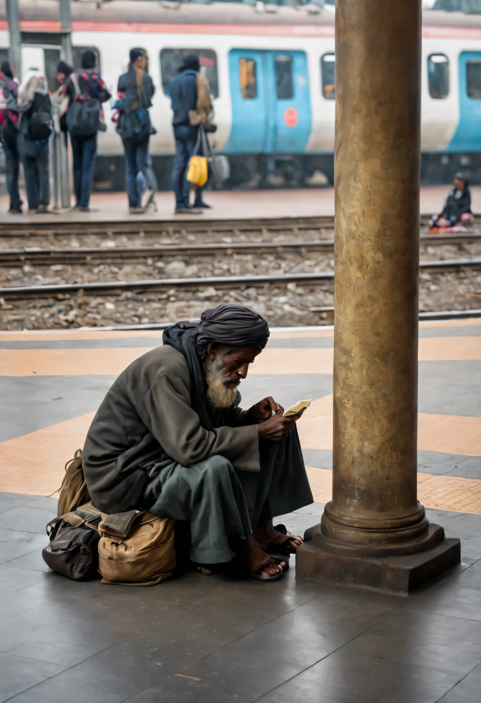 Amidst the rhythmic pulsations of the bustling train station, a beggar is sitting beside a pillar,