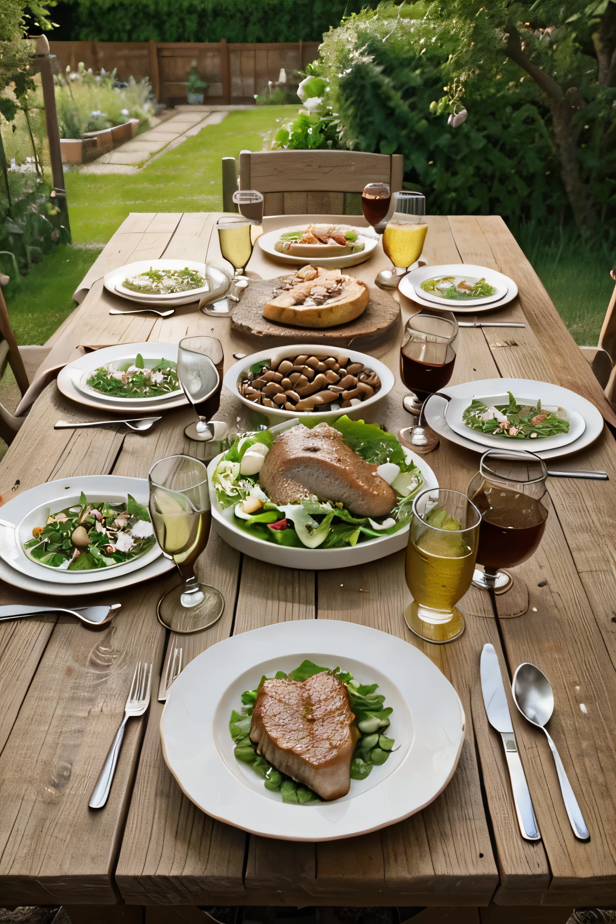 draw me plate on the table, table is in the garden and at the table is food different meat, fish, eags, also beans, aparagus and green salad