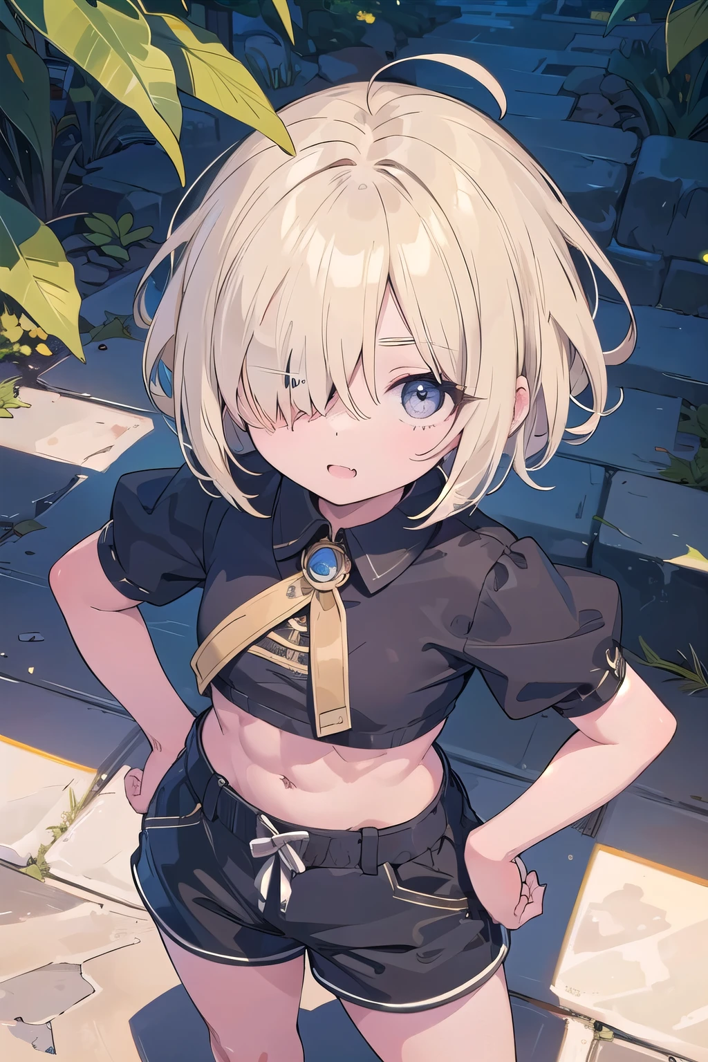 (masterpiece:1.2), (highest quality:1.2), Upper body, perfect eyes, perfect face, perfect lighting, desert　Upper body, Big ???? Parker, shorts, ????,　, 1 boy,blonde　yellow eye, ((((((hair over one eye,)))))), single braid, side braid, spike hair, dull bangs, bob hair, Ahoge, cute eyes　looking at the viewer　((From above)), ((abs)), ((looking up:1.2)), Are standing, (fang), hands on ????