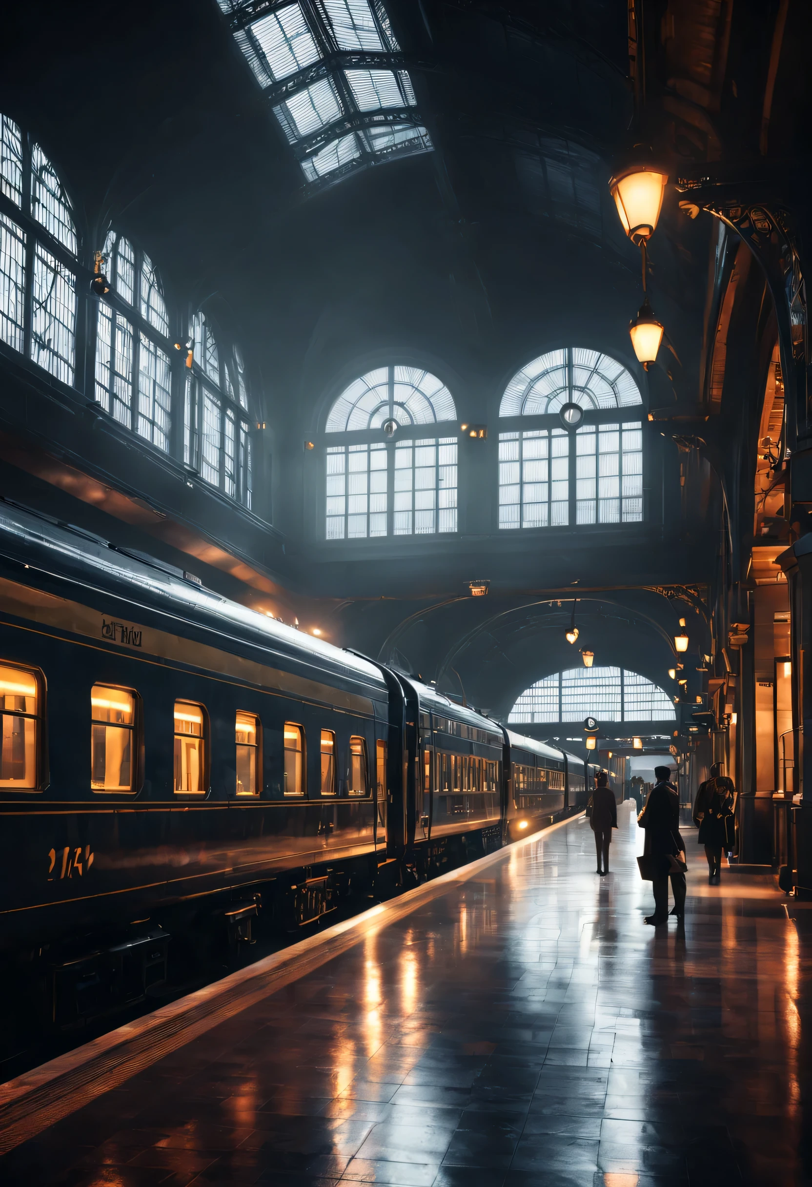 Train station, elegant atmosphere, complimentary contrast, dramatic lighting, masterpiece, high contrast, trending on artstation