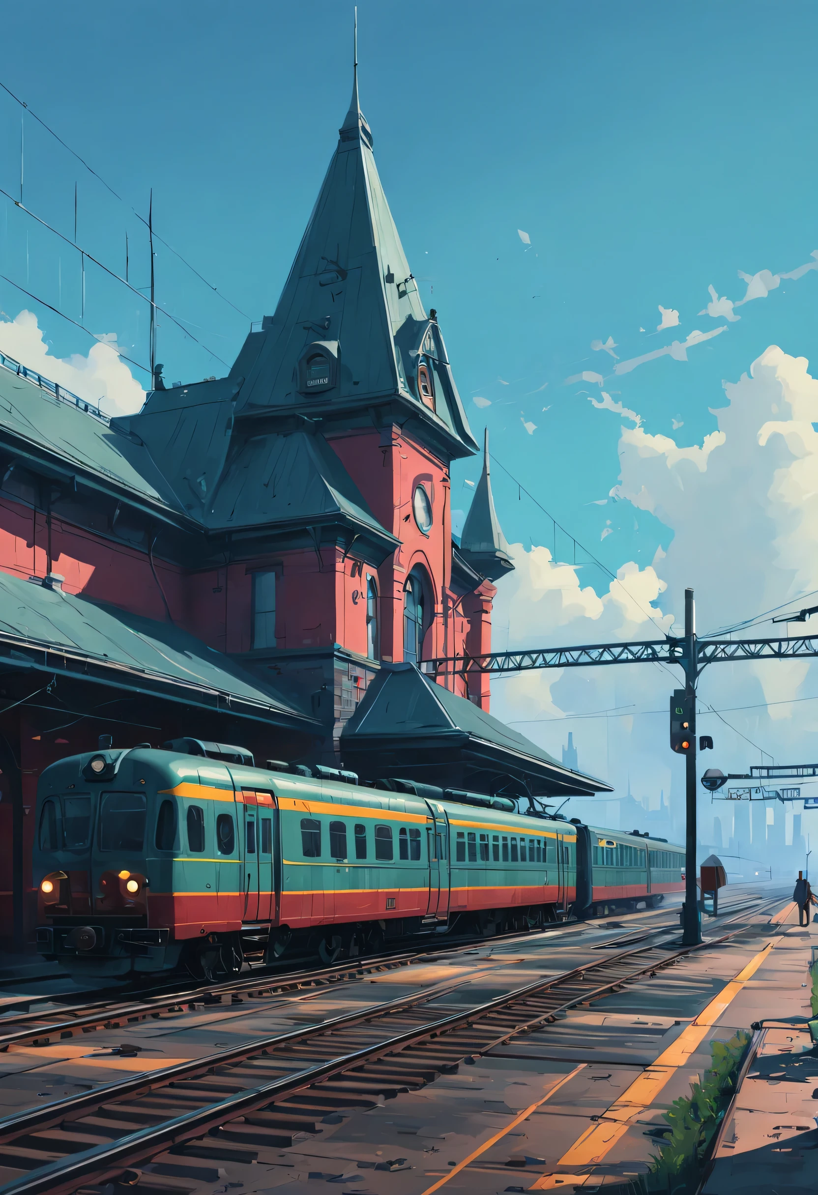 Train station, by Simon Stålenhag, by thomas kinkade, trending on artstation, matte painting, geometric shapes, hard edges, street art, trending on artstation,