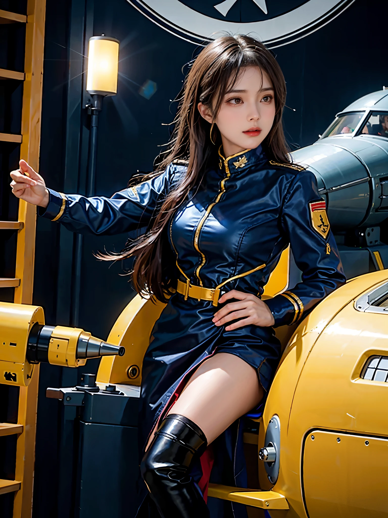 Arad woman standing in front of airplane wearing military uniform, Inspired by Jill Elfgren&#39;s portrait, tumbler, amazing realism, Girl with warship parts, Pilot Costume, Perfect military composure, 完全なwearing military uniform, cute Pilot Girl, Pilot Girl, wearing military uniform, military girl, charming and seductive, 70s jet fighter Pilot Girl, korean female fashion model, good hips and long legs