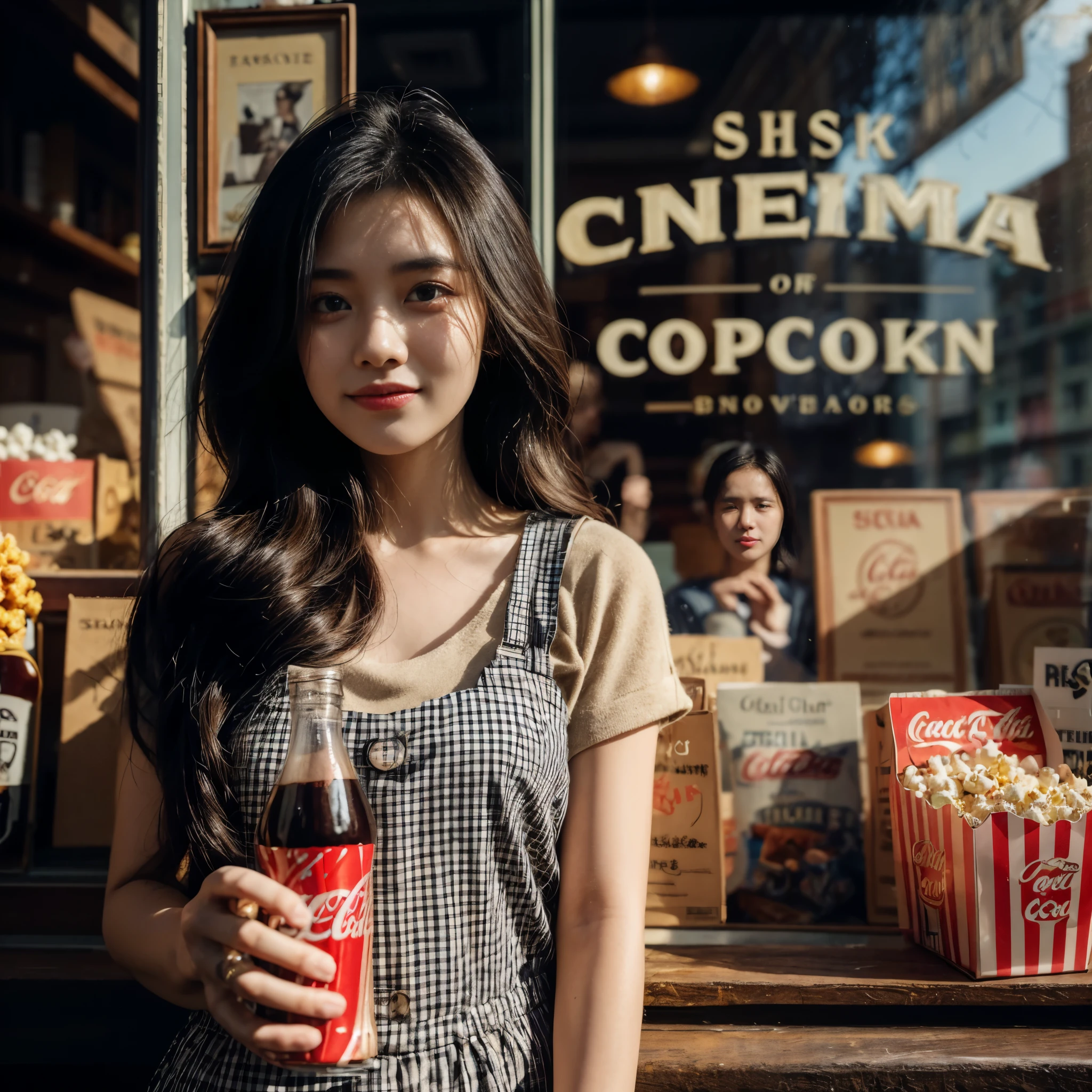 Cinematic portrait of a 20 year old woman with an Indonesian face, long black shoulder length hair wearing a checkered pinafore, with a happy expression, the woman is standing holding a glass of Coca Cola with her left hand, while her right hand is holding a box of vintage cinema popcorn, shop background book where several books and other items are displayed in the glass window. Sunlight shines from the right of the photo, creating interesting shadows and contrast, photography, (warm hue, warm tone) bokeh, professional color gradient, shot by Sony a6700, sigma 23mm lens (35mm FFeqf), mist filter 1/4