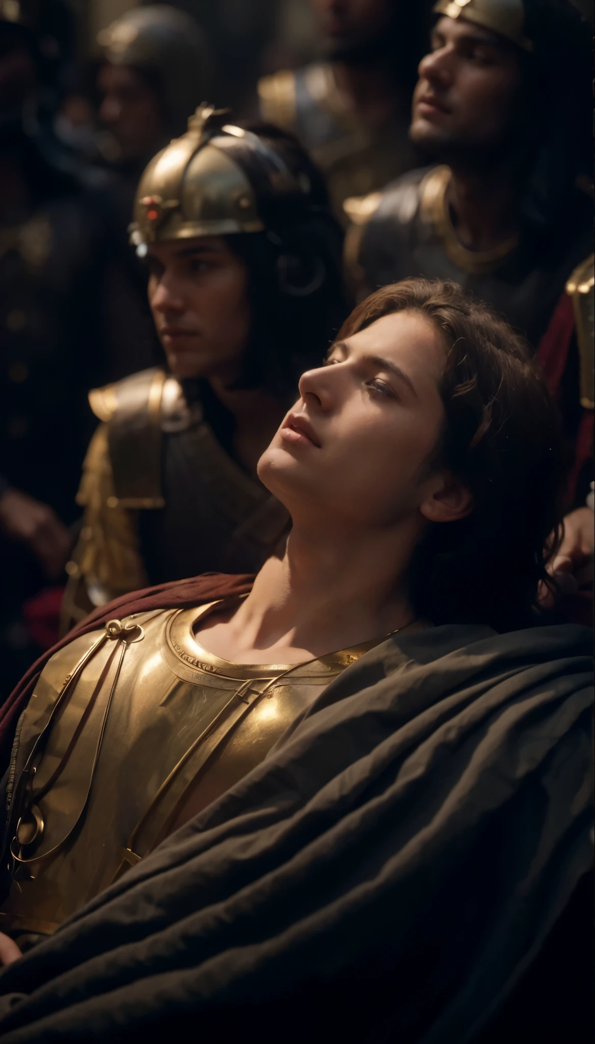 Alexander the Great laying on the ground in front of a group of soldiers, divine realm of gods, medium - long curly brown hair, cinematic still frame, dressed in roman clothes, brethtaking lighting, perfect nose, still image from tv series, peaceful expression, hugh detailed, looking up at the camera