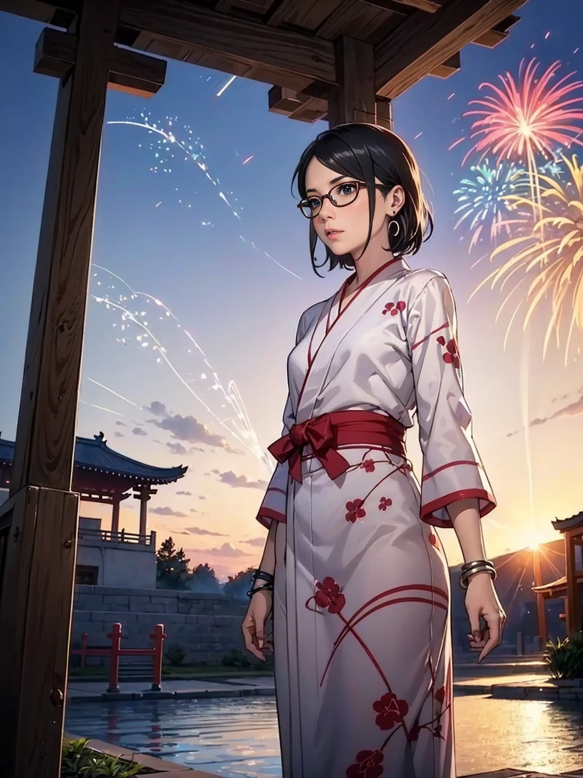 ((1girl, solo ,alone, Sarada Uchiha, short hair, ((dark eyes, bracelets, ruby earrings, black eyes, glasses, small , standing)), uchiha sarada)), ((solo, 1woman, pink lipstick, Extremely detailed, ambient soft lighting, 4k, perfect eyes, a perfect face, perfect lighting, a 1girl)), austere, ((red yukata, patterned yukata, torii, summer festival, sunset, fireworks, Shinto temple))